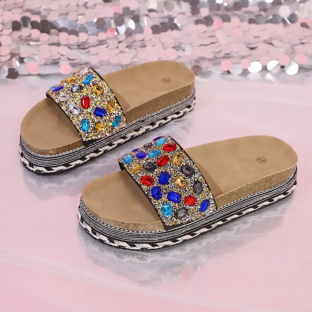 Rhinestone open-toe platform sandals, angled view with multicolor jewel details