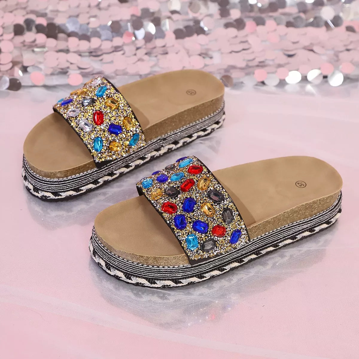 Rhinestone open-toe platform sandals, angled view with multicolor jewel details