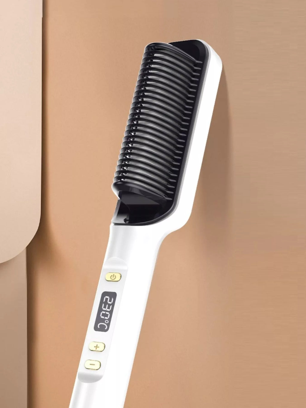 Ceramic straightening comb, white handle with black teeth and control buttons