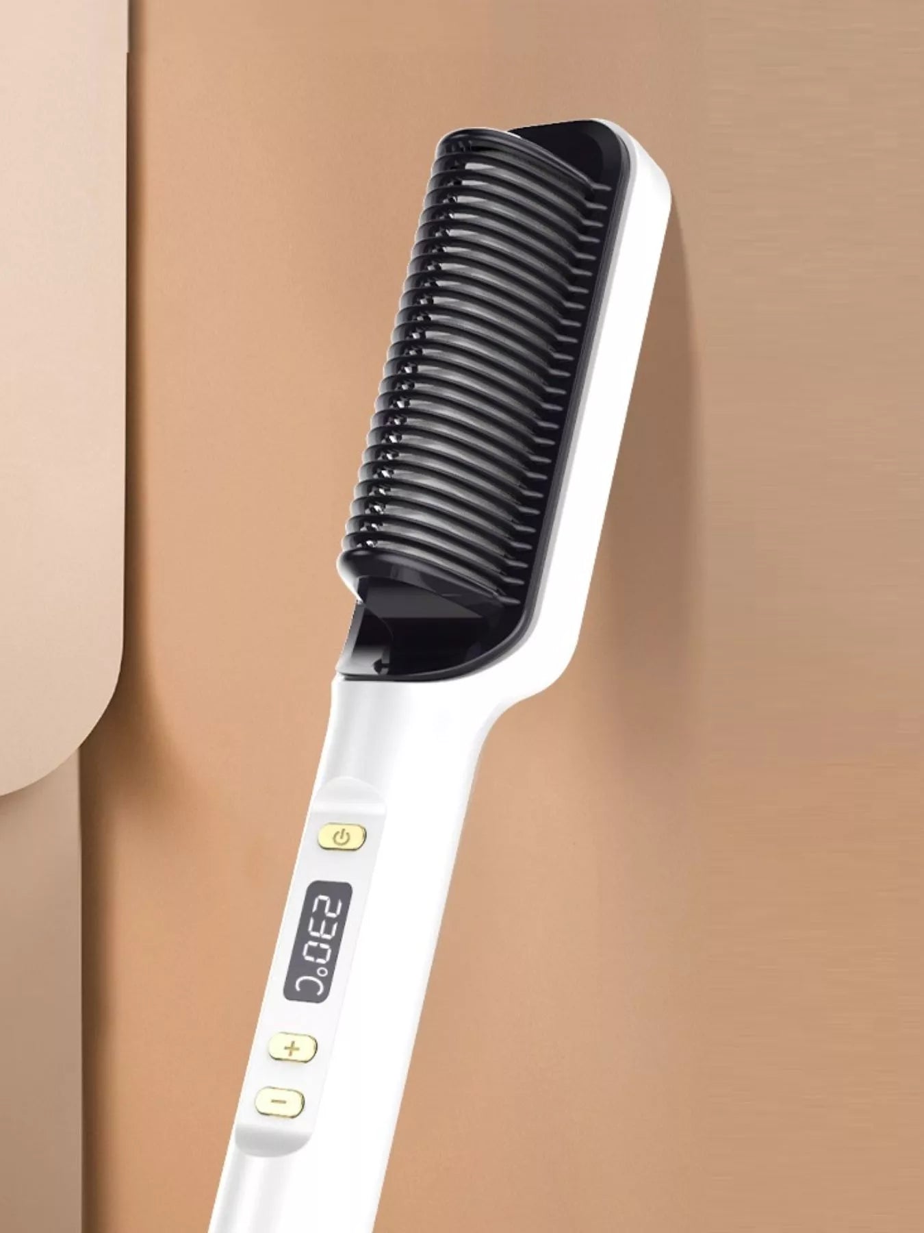 Ceramic straightening comb, white handle with black teeth and control buttons