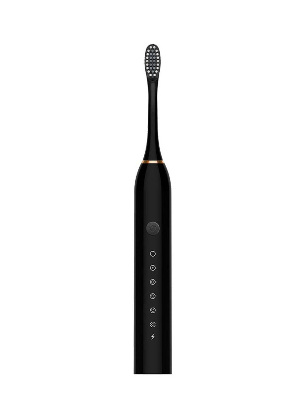 Black electric toothbrush with rounded bristles and control mode buttons