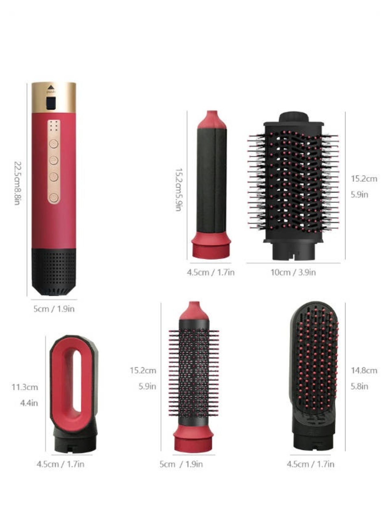 Deep red 5-in-1 hot air brush with attachment sizes shown for different hair tools