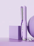 Lavender ceramic hair straightener upright view with dual heated plates and side controls