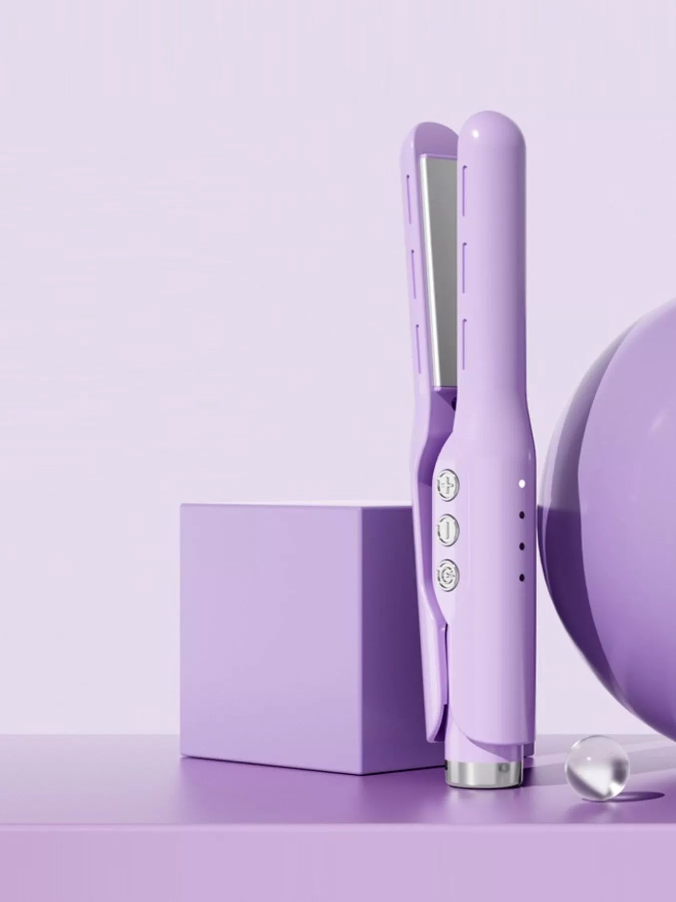 Lavender ceramic hair straightener upright view with dual heated plates and side controls