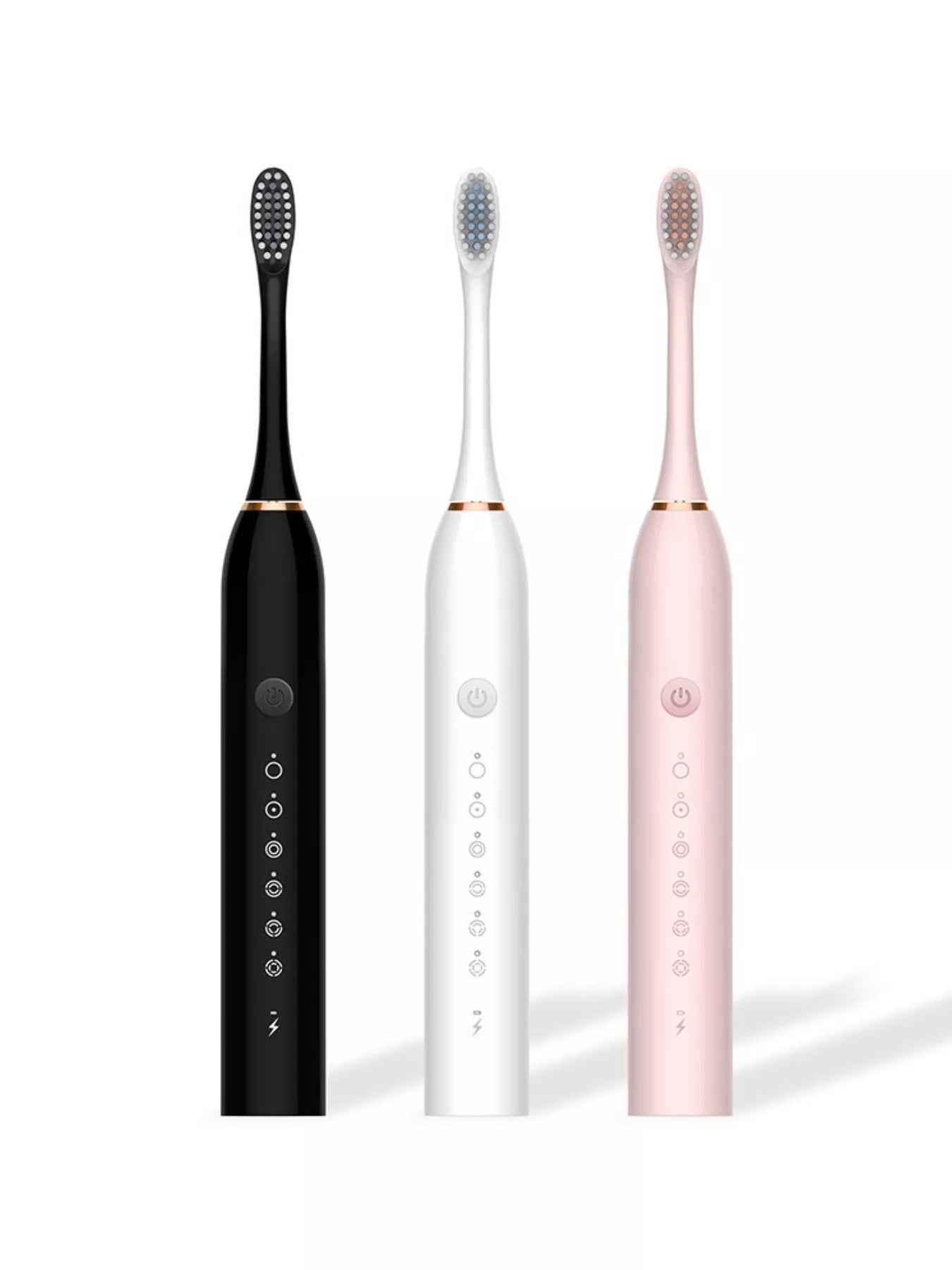 Electric toothbrushes in black, white, and pink with multi-mode control panels