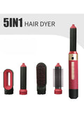 5-in-1 interchangeable hot air brush in deep red, with multiple styling attachments