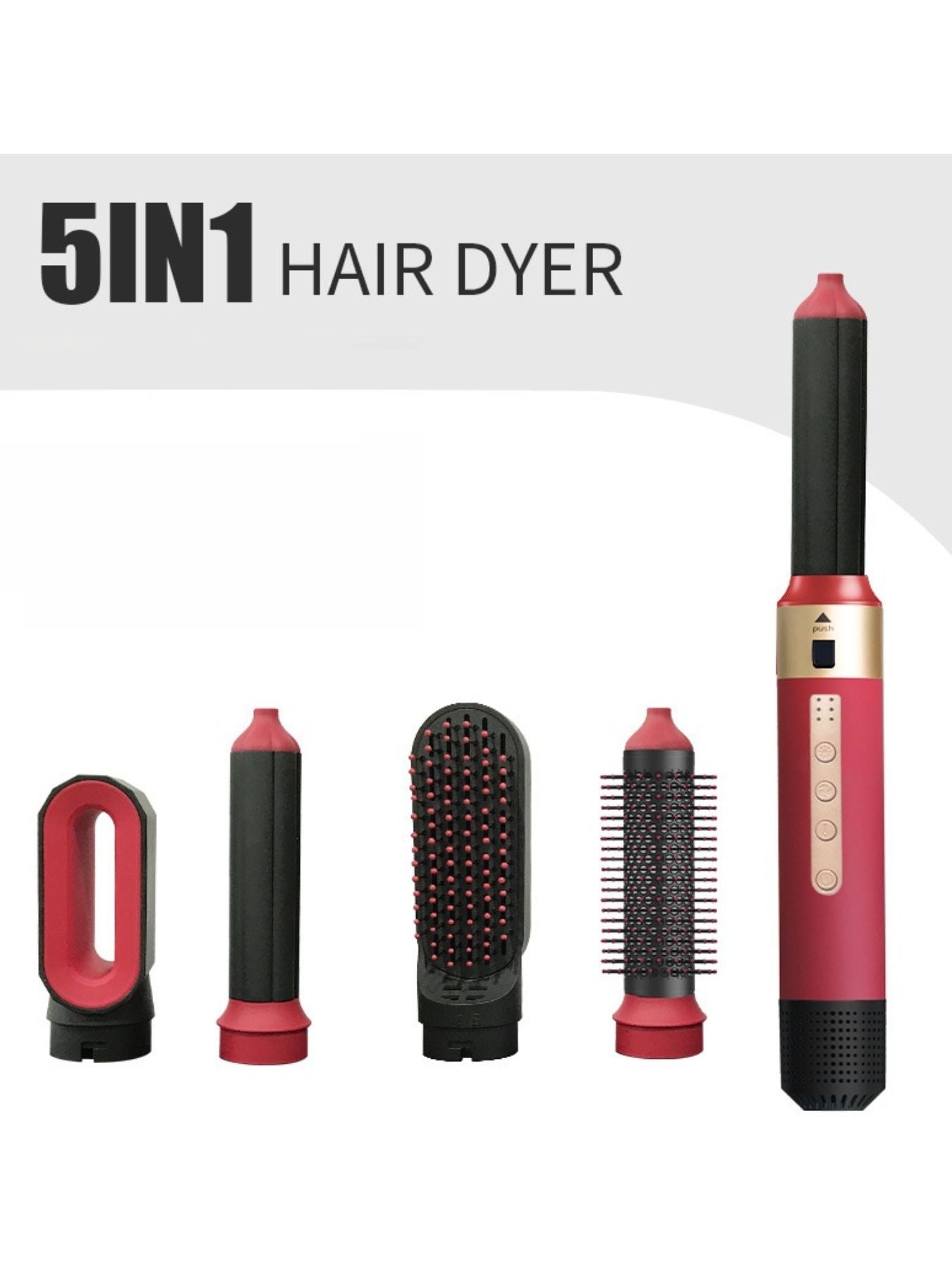 5-in-1 interchangeable hot air brush in deep red, with multiple styling attachments
