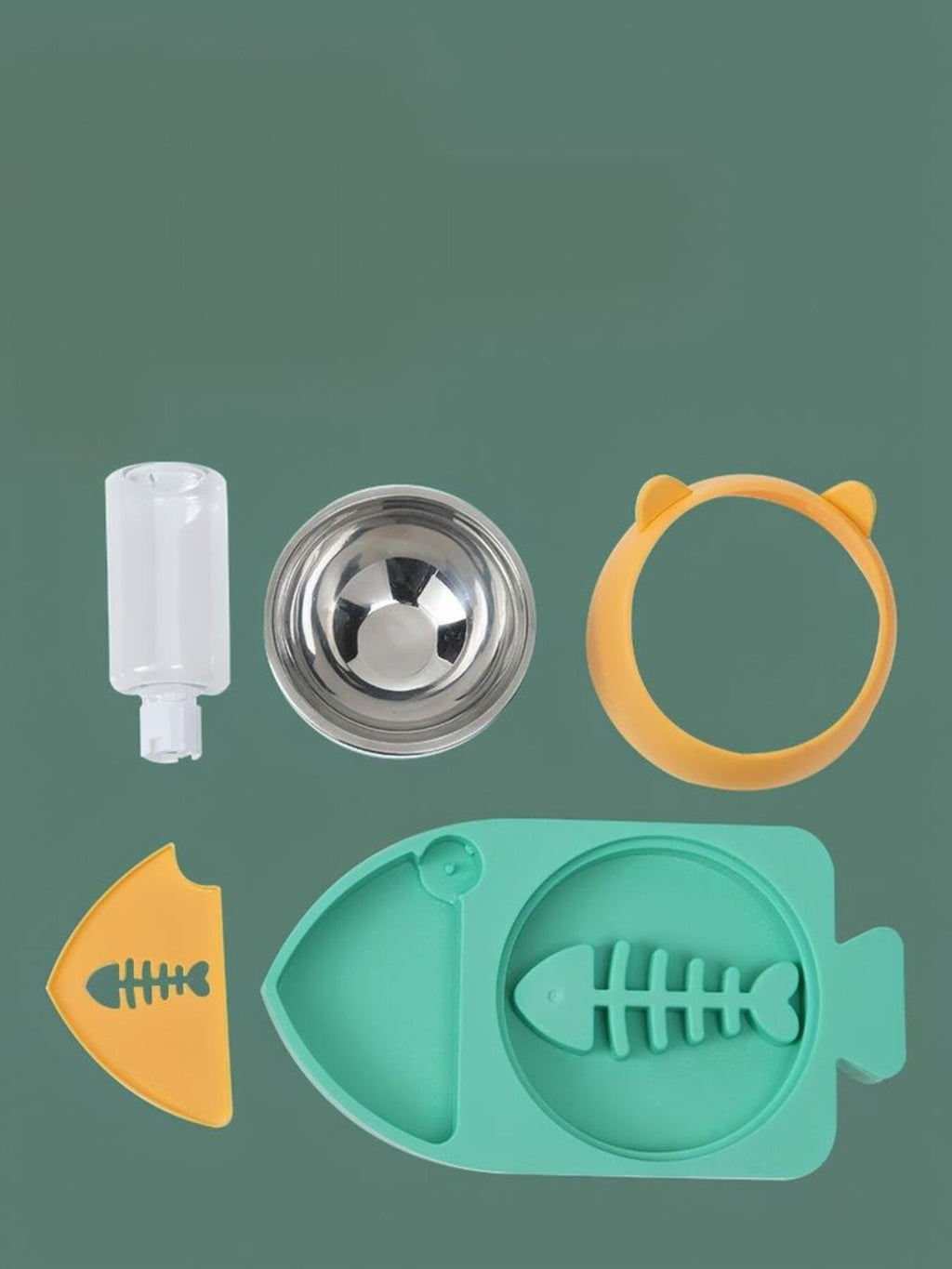 Automatic water refill pet bowl parts: green base, stainless bowl, water tube, fish insert