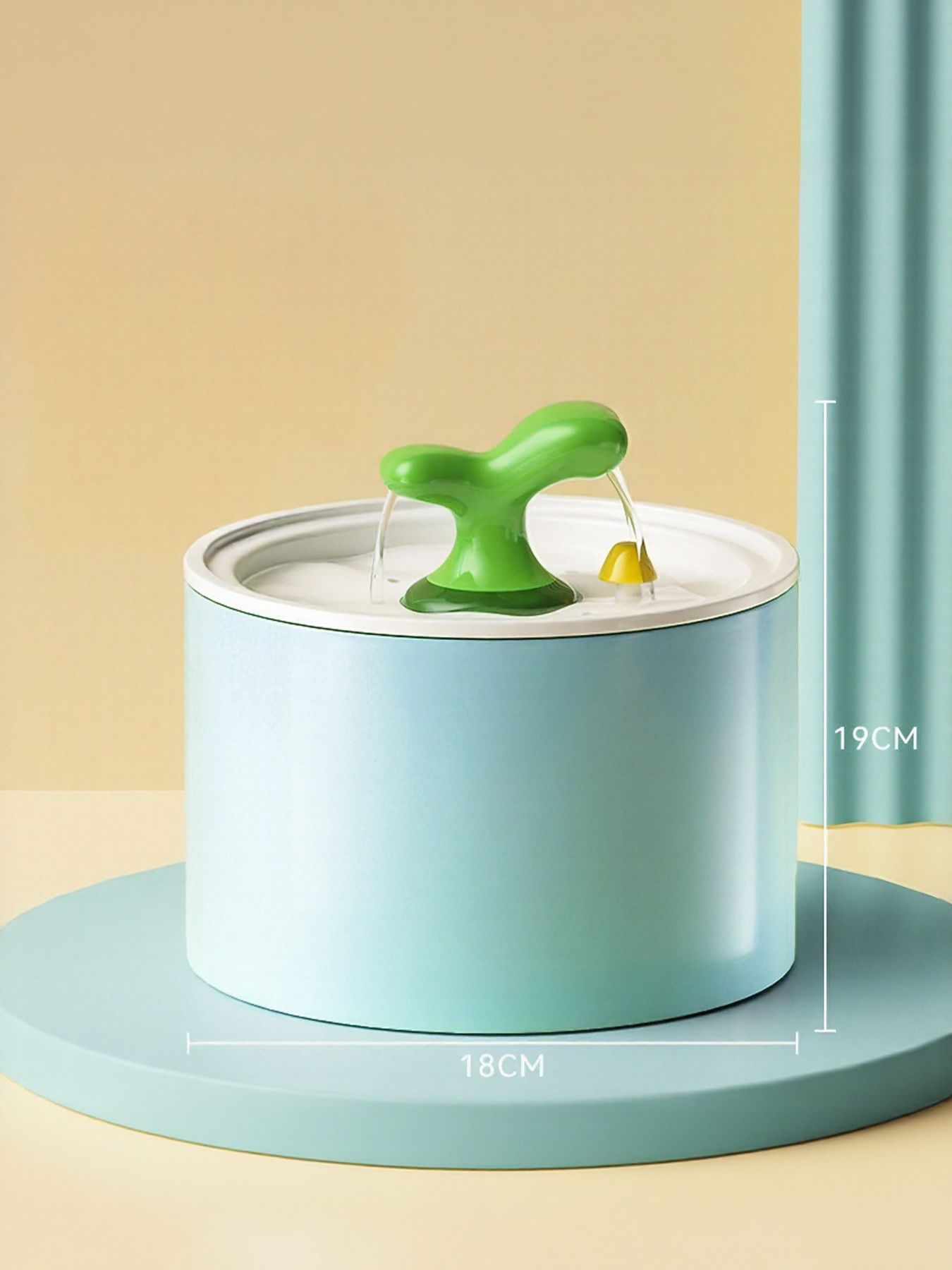 Mint blue automatic pet fountain with green spout and yellow water outlet