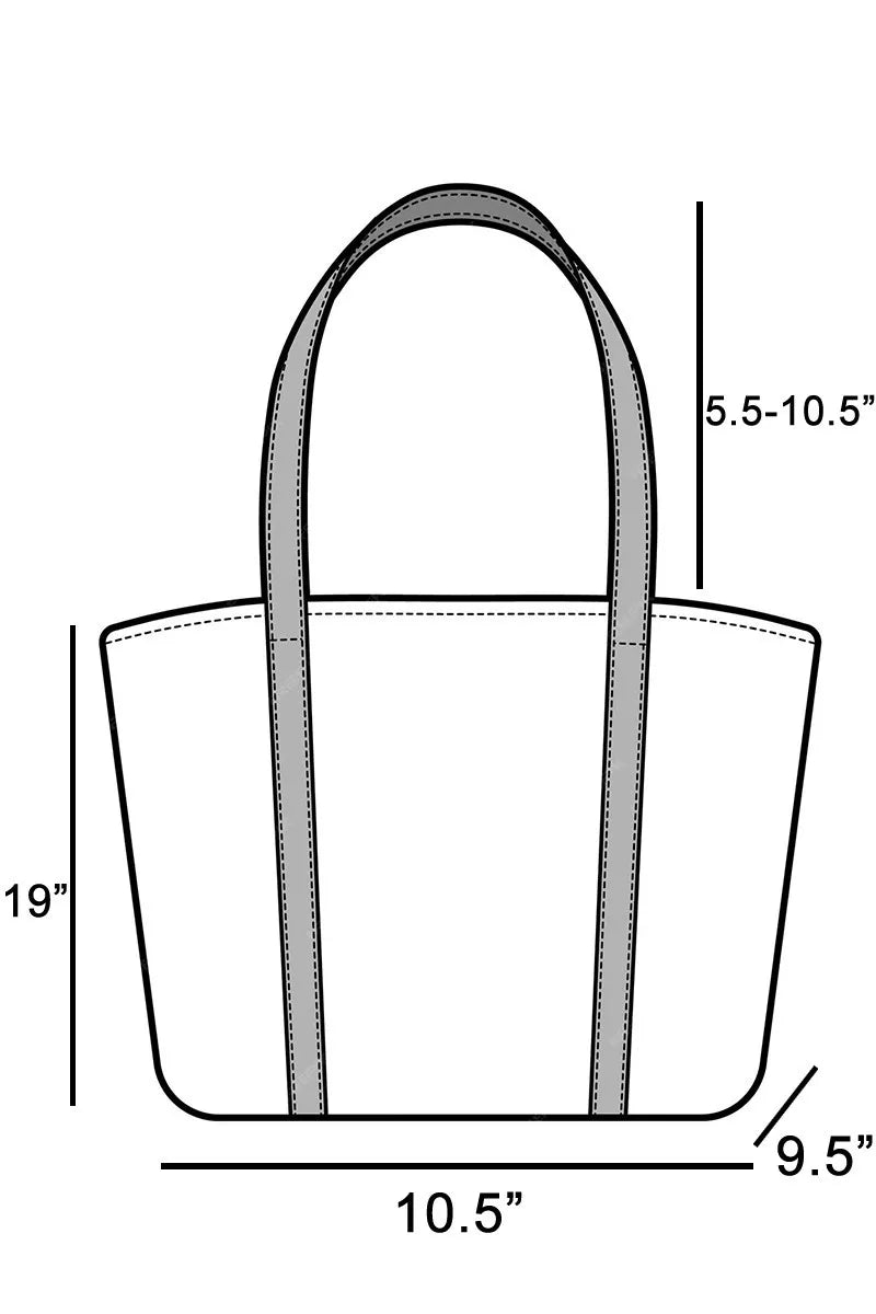 Tote bag size diagram: 19" tall, 10.5" wide, 9.5" base width, 5.5–10.5" depth.