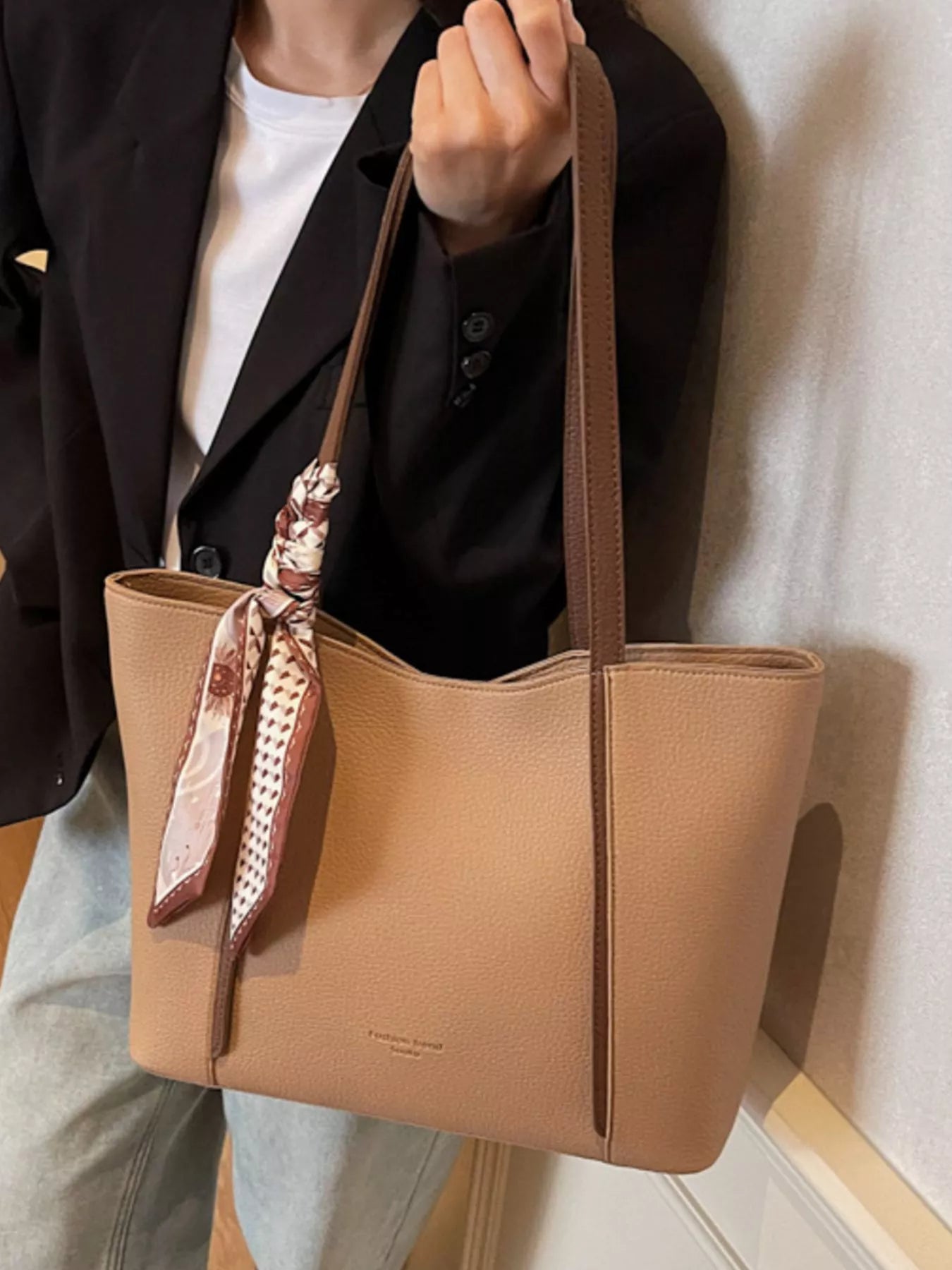 Khaki PU leather tote bag with top handles and scarf bow detail