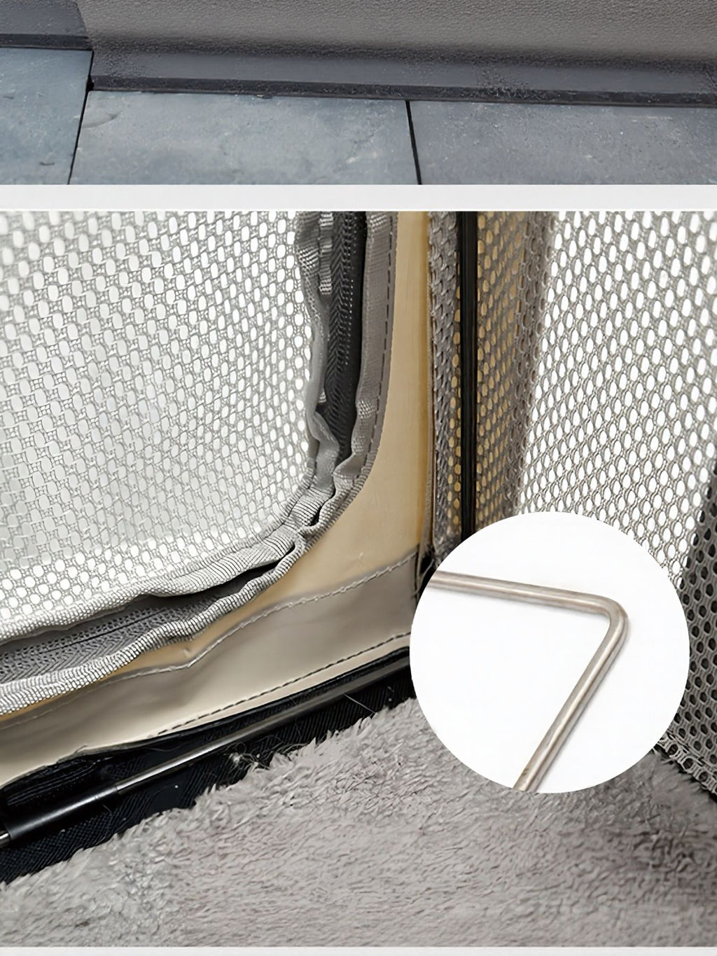 Close-up of gray pet carrier bag mesh panel with zipper track and side access pocket.