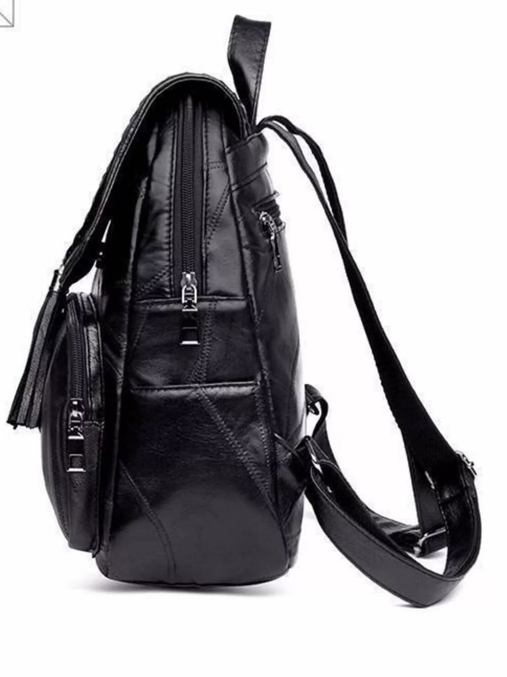 Black leather backpack bag back view with top handle, shoulder straps and zip pockets