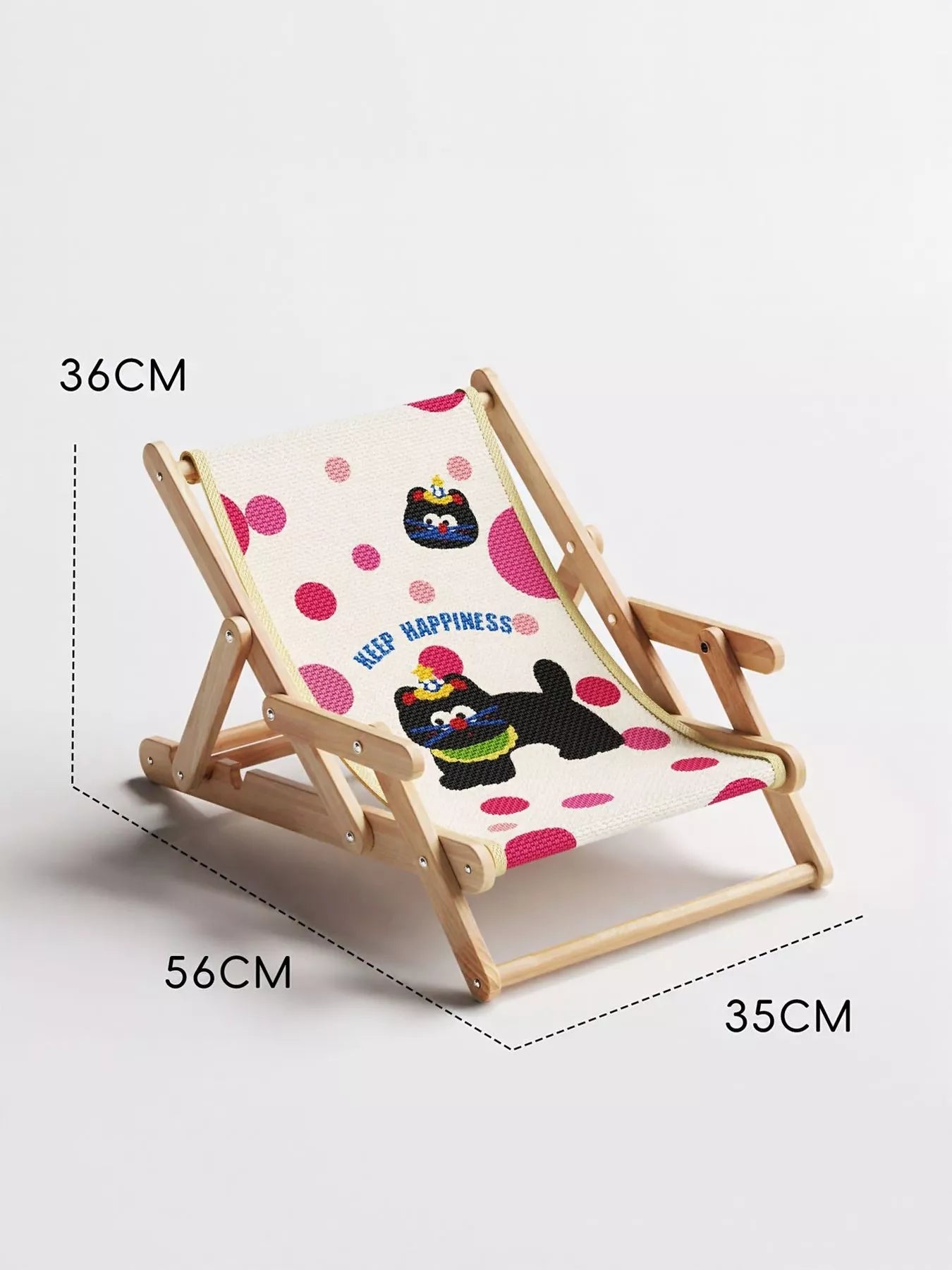 Trendsi wooden pet chair, polka dot black cat pattern cover, side frame visible