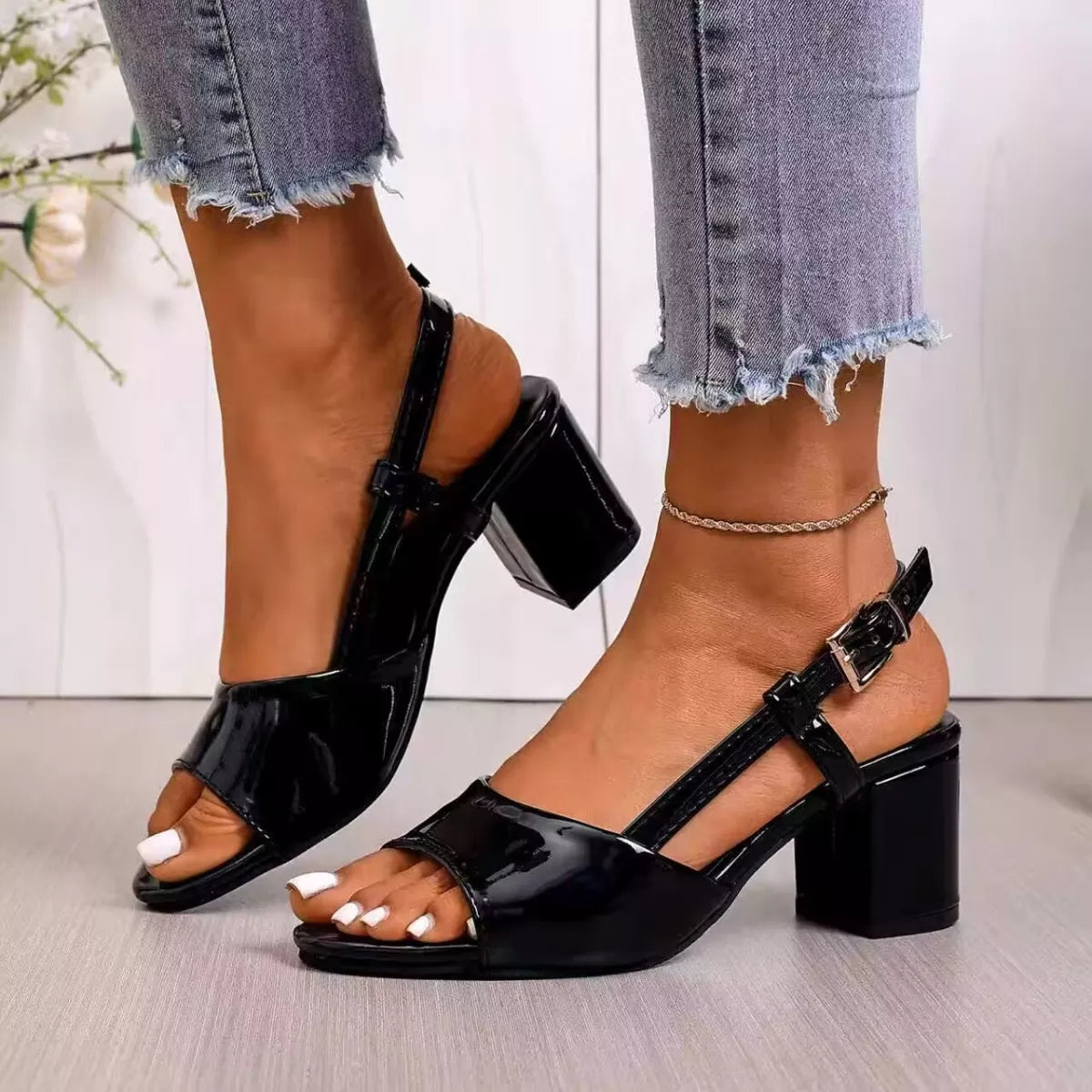 Open Toe Block Heels Sandals: black patent open-toe with ankle strap and block heel
