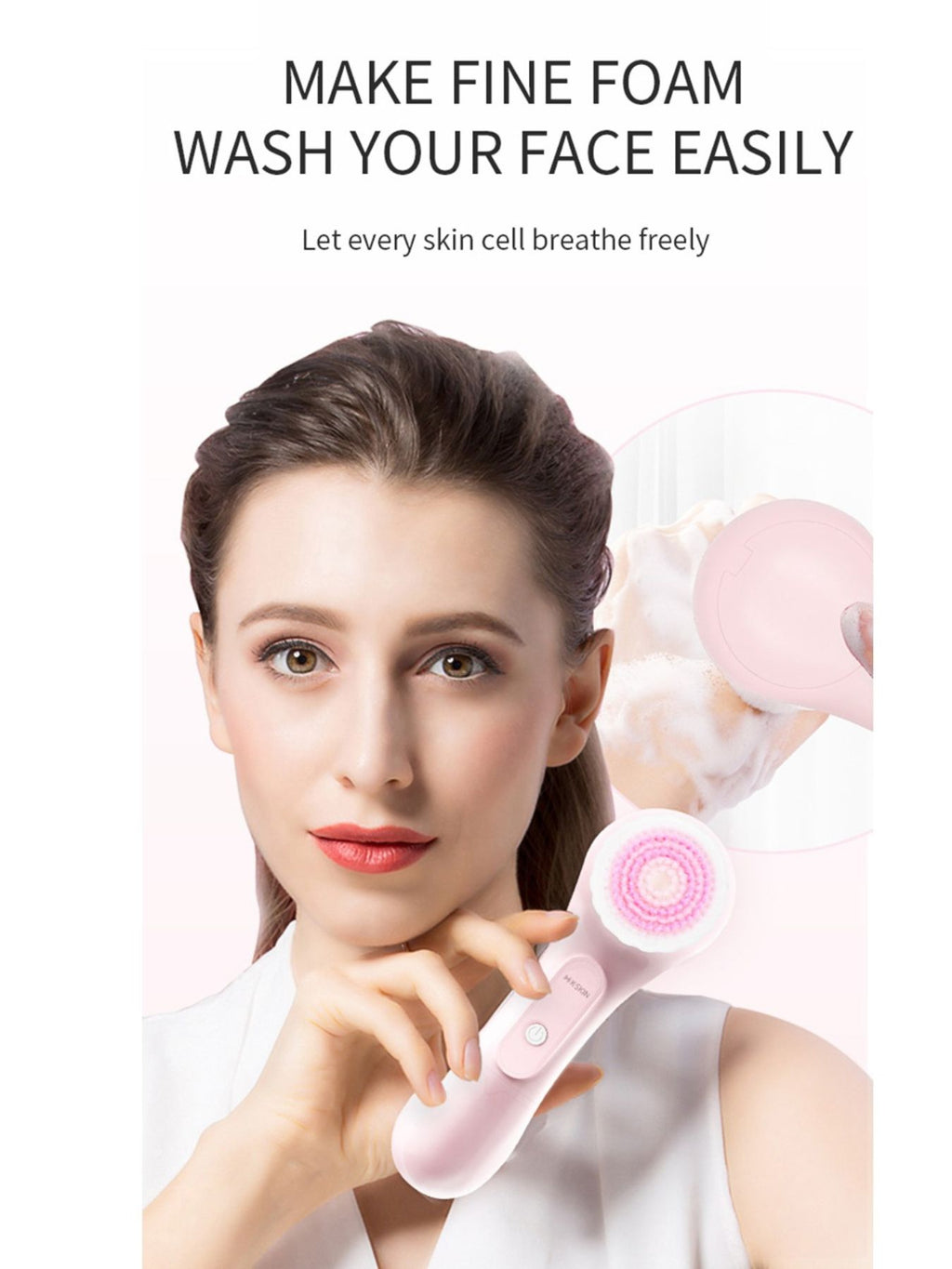 Dusty pink facial cleansing brush with round foam brush head
