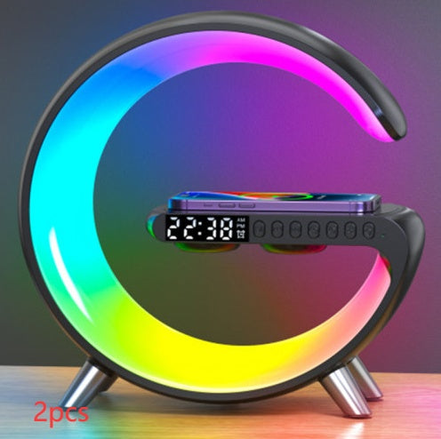 G-shaped LED lamp with Bluetooth speaker and digital clock, black base, 2-pack with rainbow ring