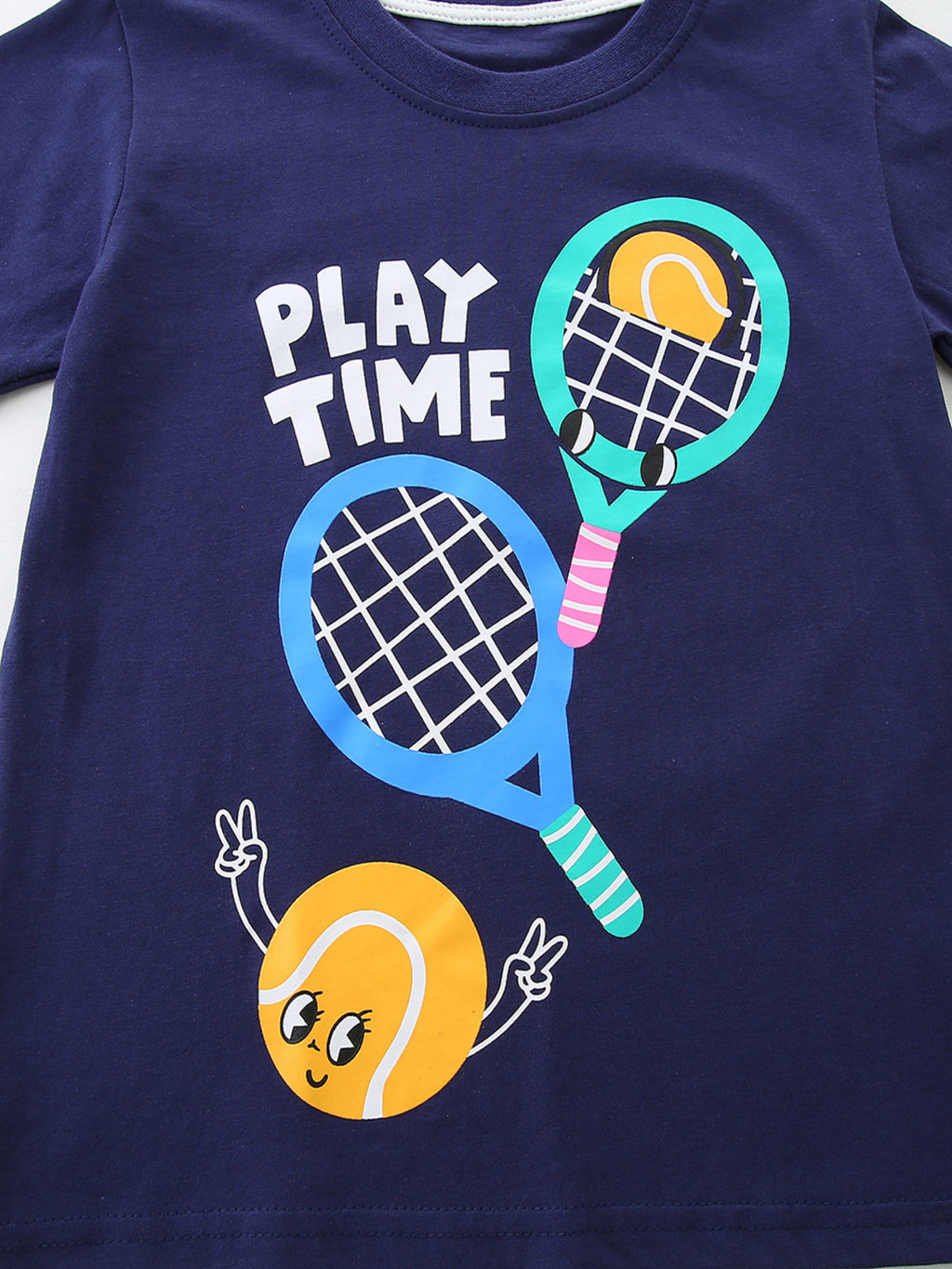 Dark navy kids crew-neck T-shirt tennis-themed illustration with striped racket sleeve