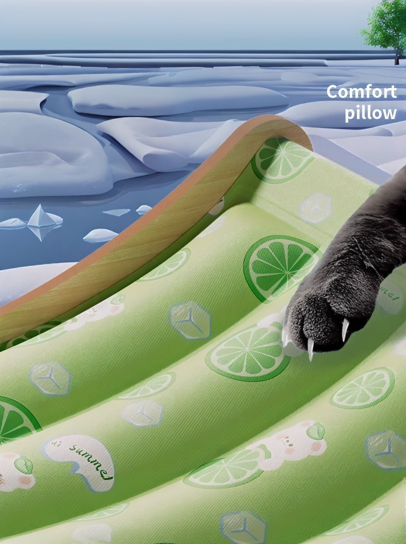 Grünes Pet Ice Nest-Polster mit Zitronenprint, schwarze Pfote am Rand