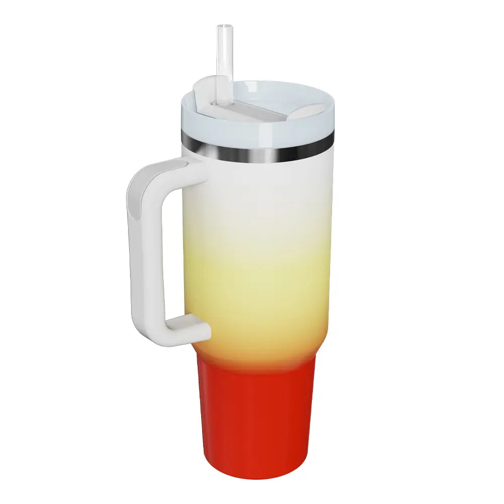 Gradient stainless steel tumbler in Deep Red with lid, straw, and side handle