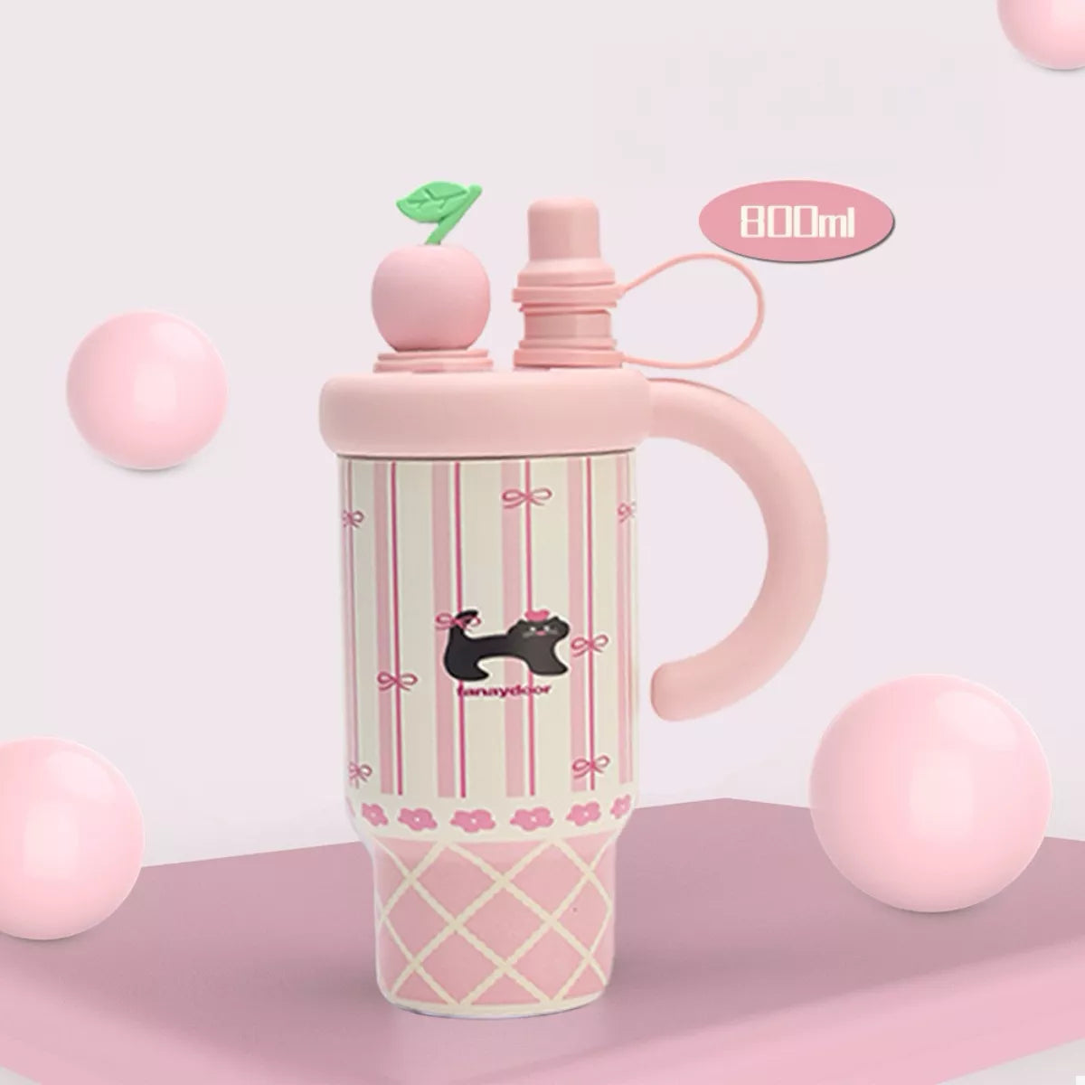 Blush pink cartoon water bottle with straw, handle, and 800 ml capacity