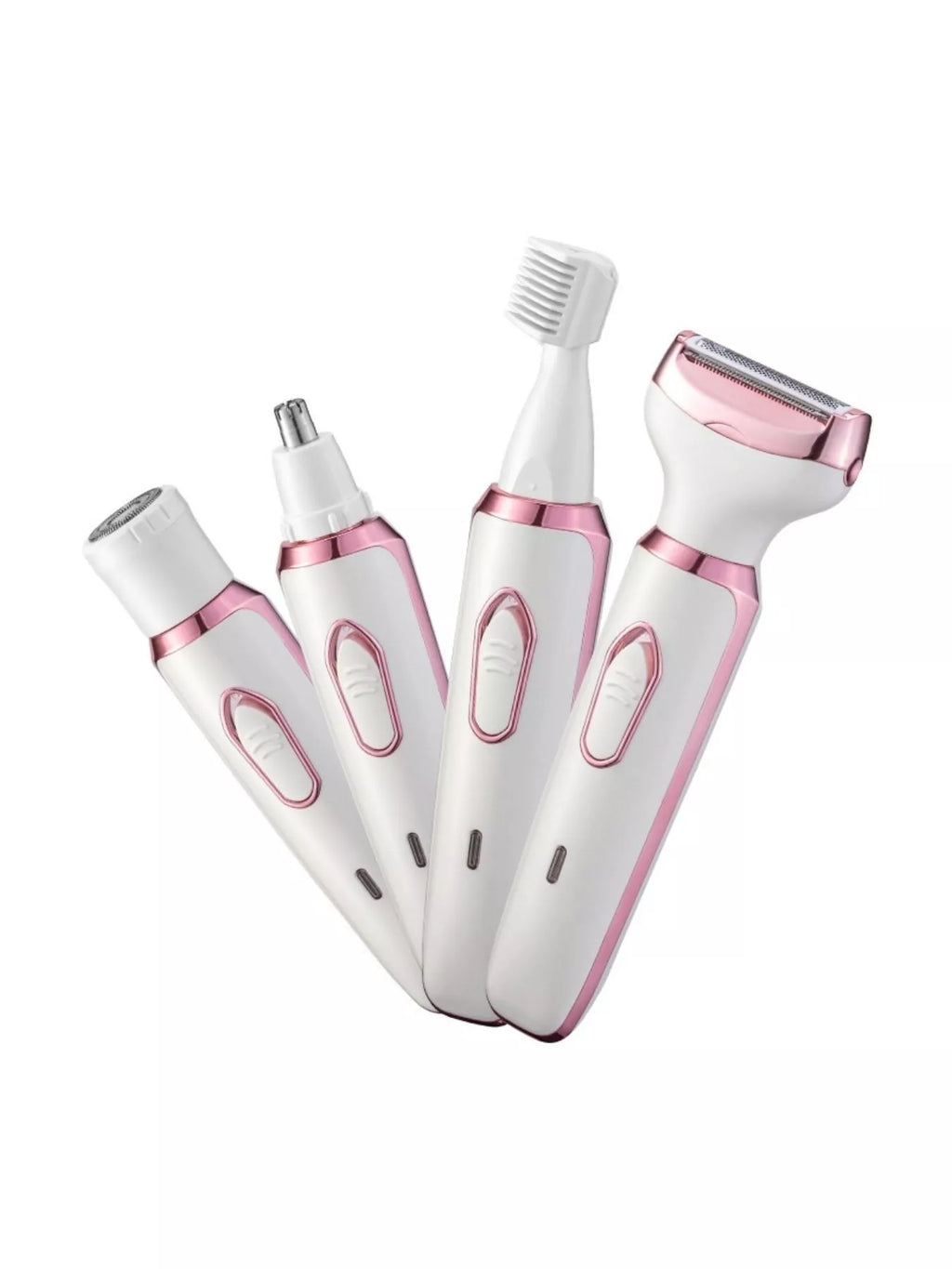 4-in-1 hair remover kit showing four white attachments with pink-trim handles
