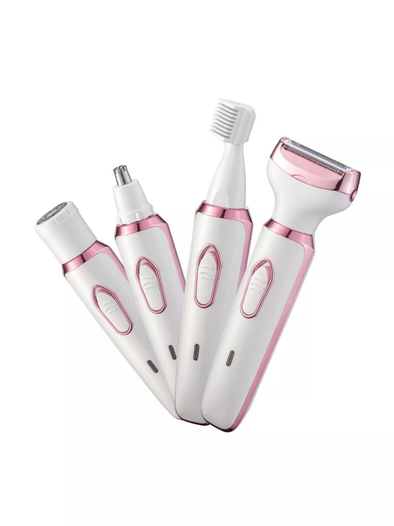 4-in-1 hair remover kit showing four white attachments with pink-trim handles