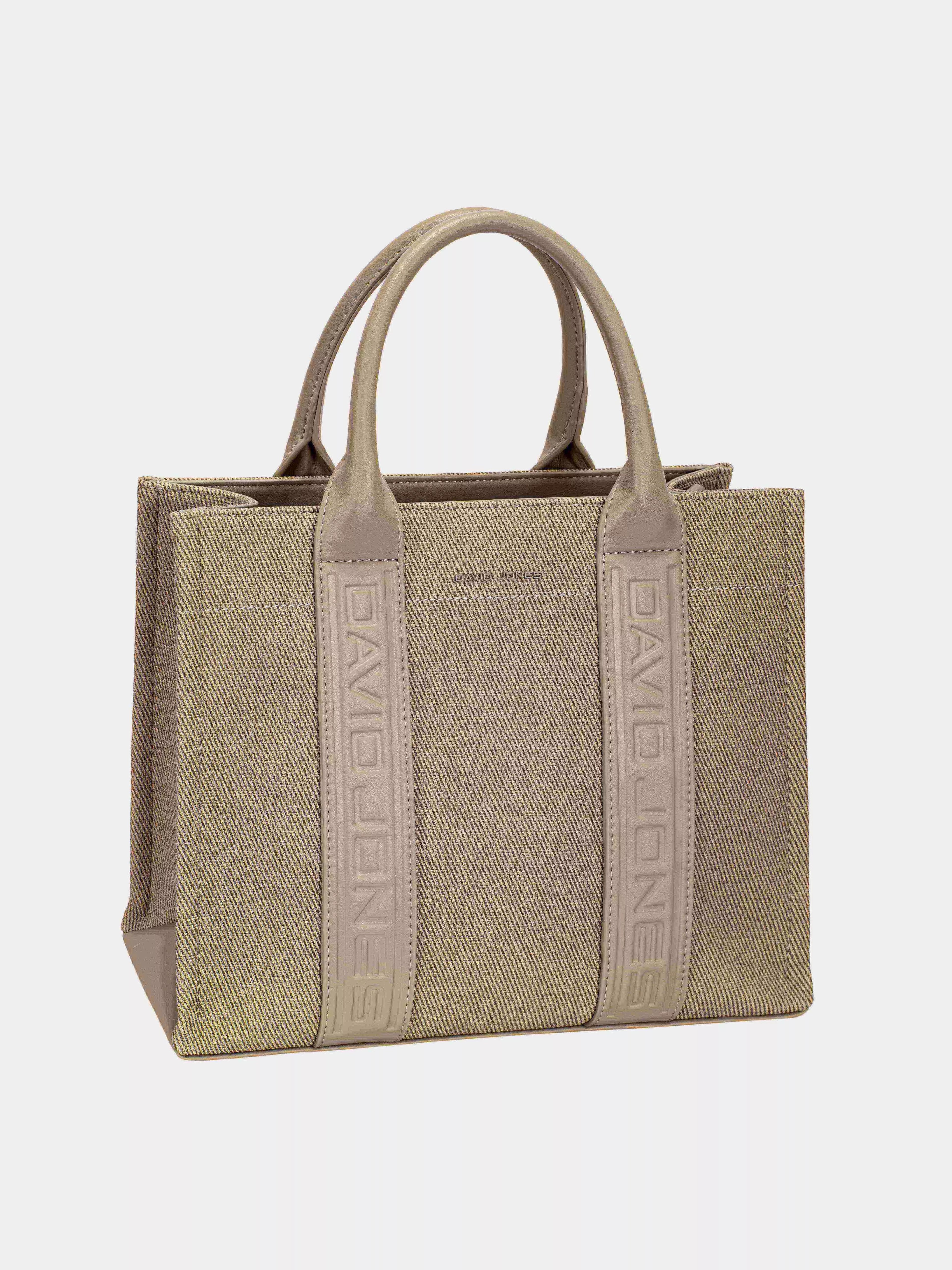 David Jones olive-toned canvas tote with contrast leather handles and embossed logo panels