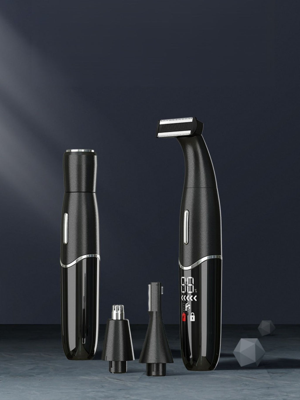 Black electric hair epilator with LED display and two grooming heads