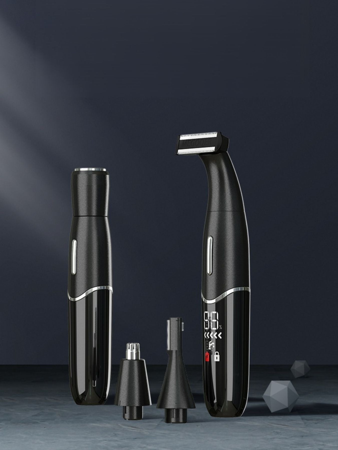 Black electric hair epilator with LED display and two grooming heads