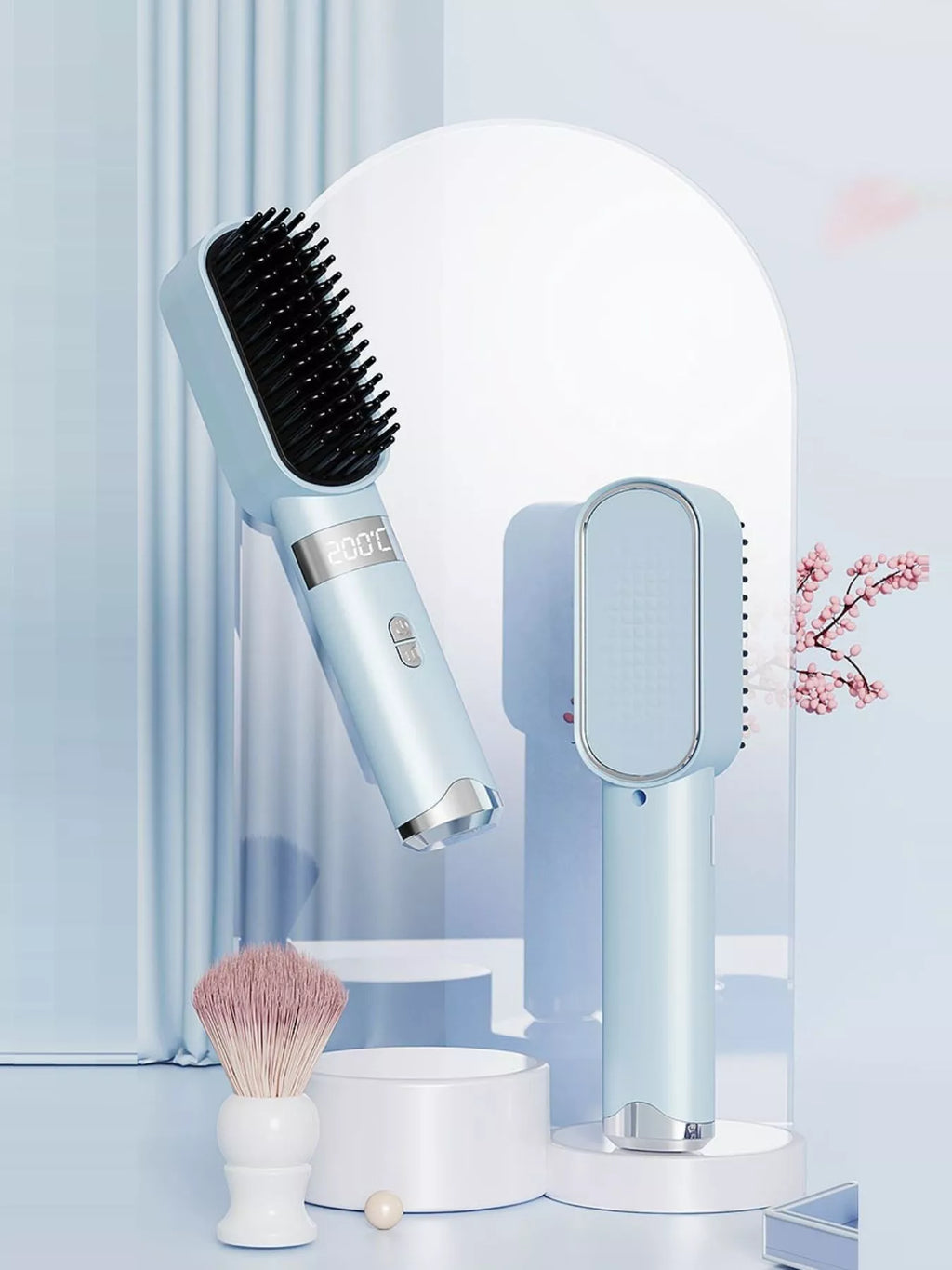 Light blue heated straightening comb with black bristles and LCD temperature display