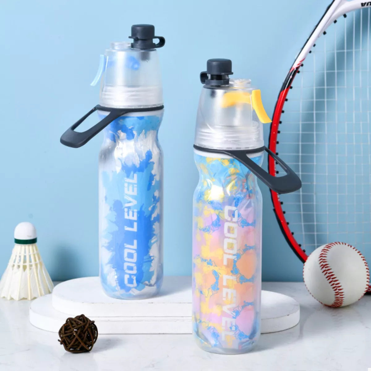 Spray sports water bottle, clear blue and multicolor graphic, black trigger handle