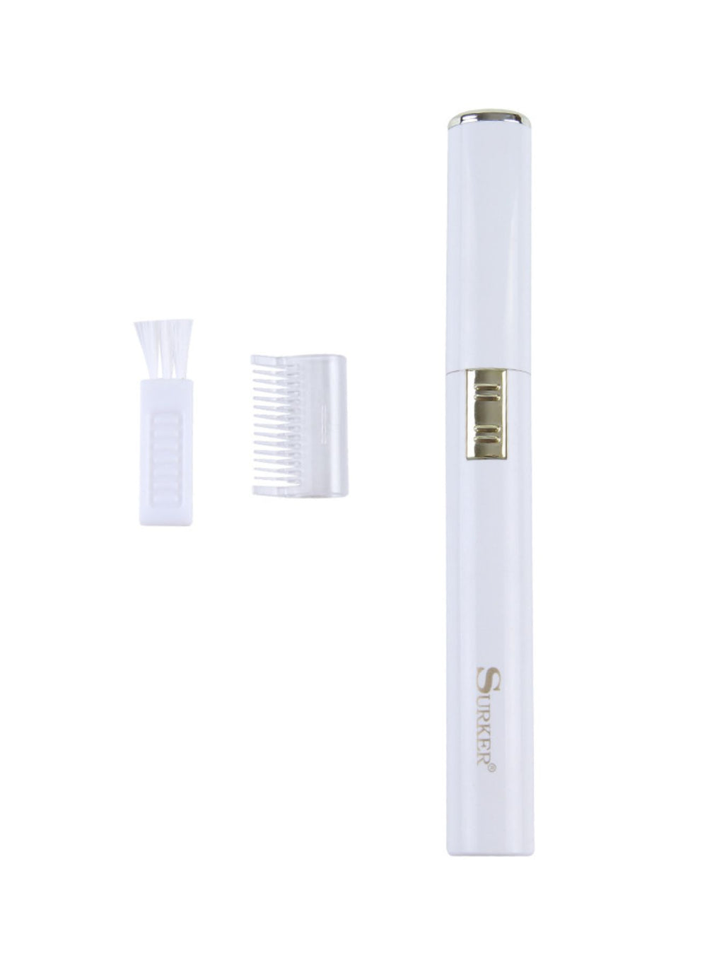 White eyebrow trimmer with two plastic guard/comb pieces