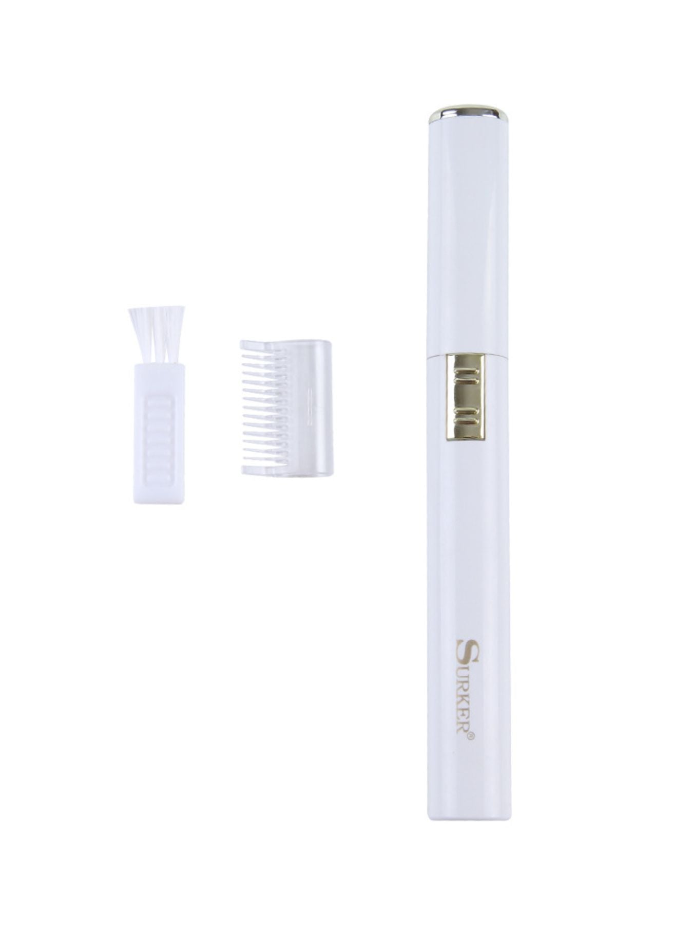 White eyebrow trimmer with two plastic guard/comb pieces