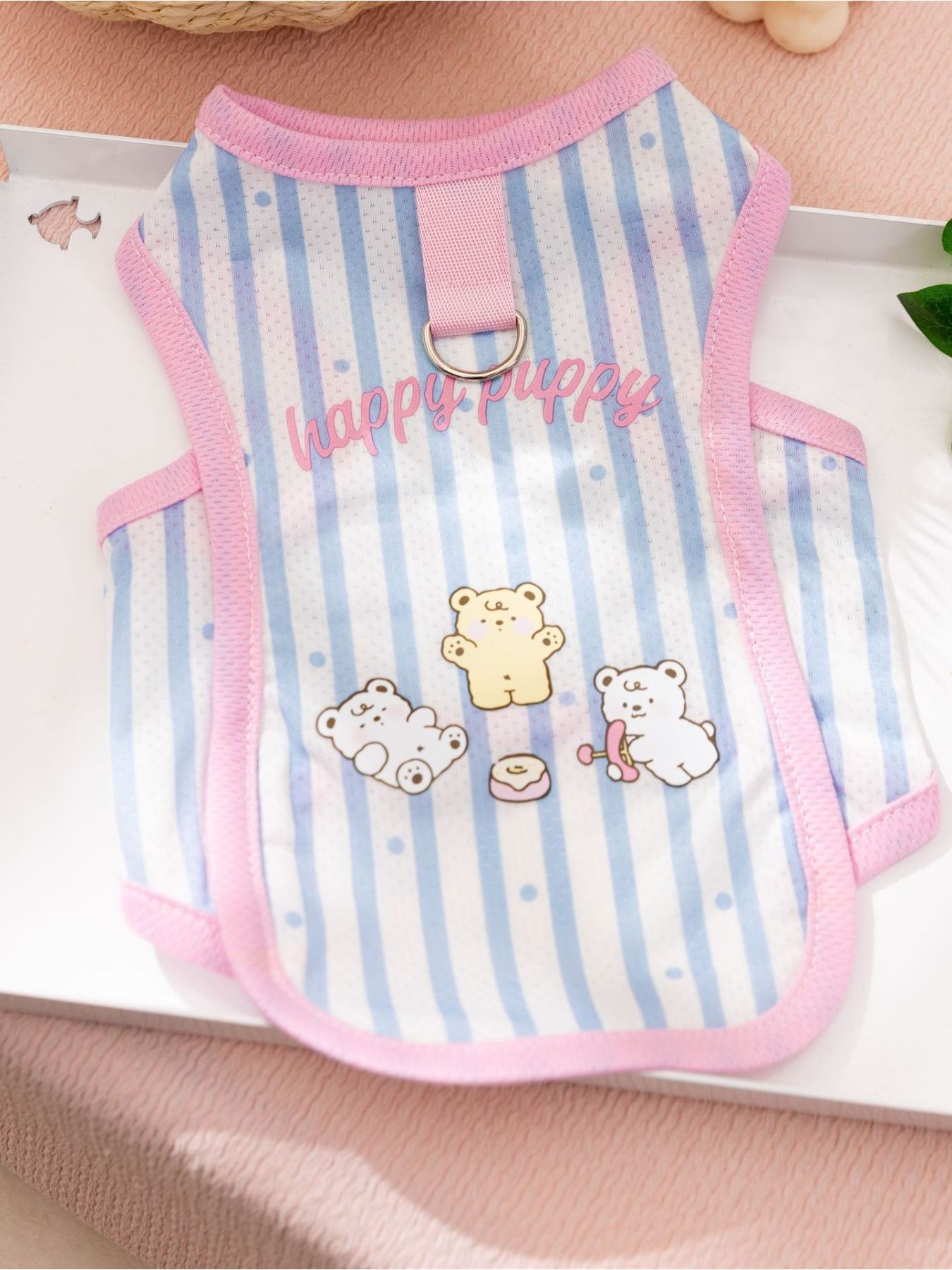 Pink-and-blue striped pet tank with “Happy puppy” print and small bear icons