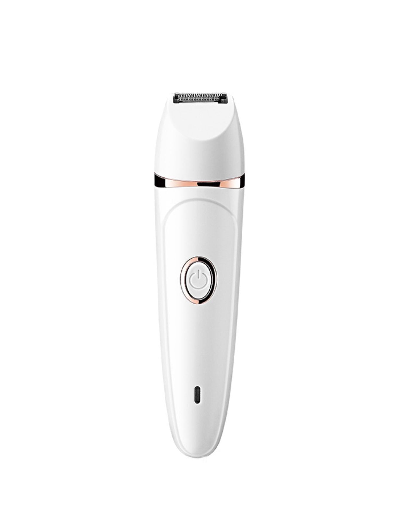 White epilator with comb-style shaving head and circular power button