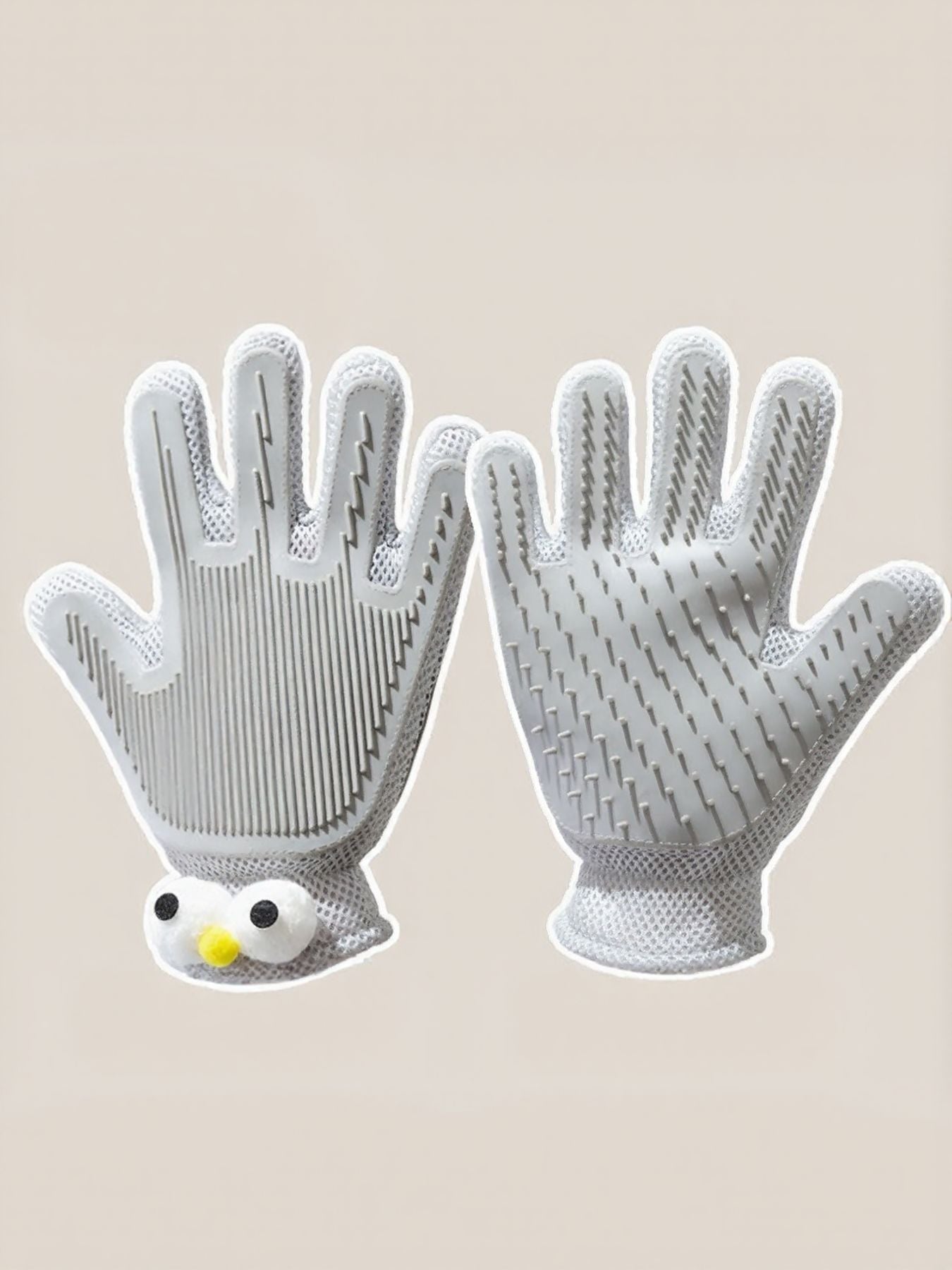 Right-hand gray pet hair remover glove with comb-like bristles