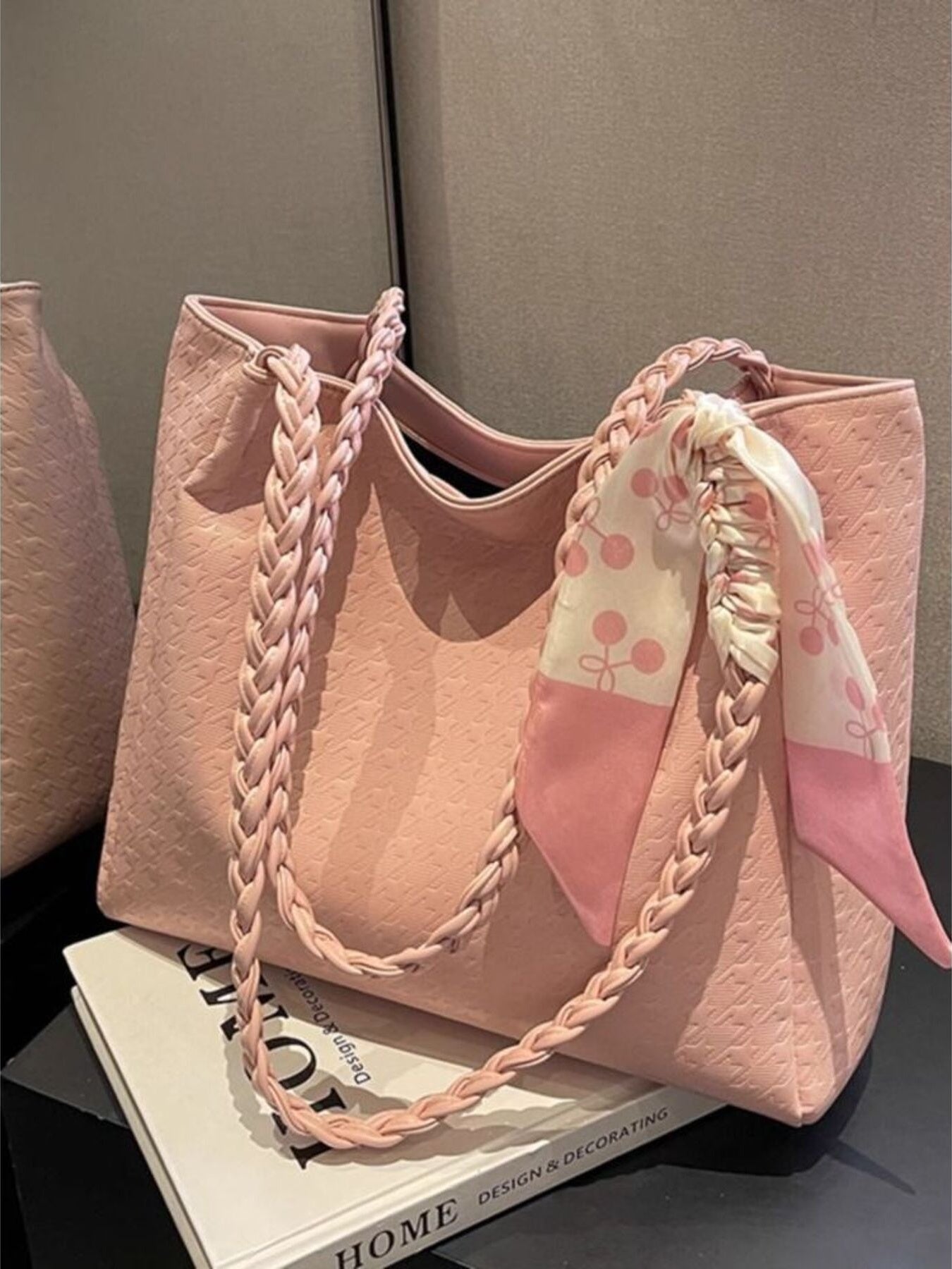Blush pink braided handle tote bag, textured fabric and ribbon bow detail