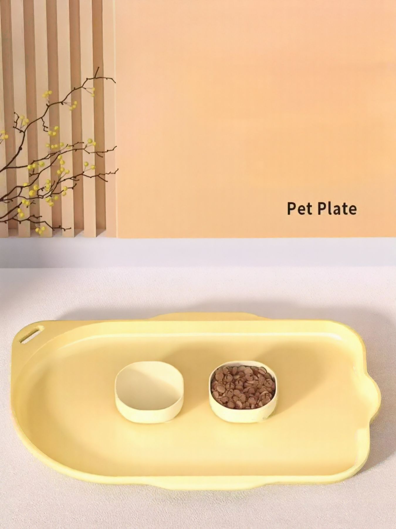 Non-slip pet plate/tray in pastel yellow with two bowls