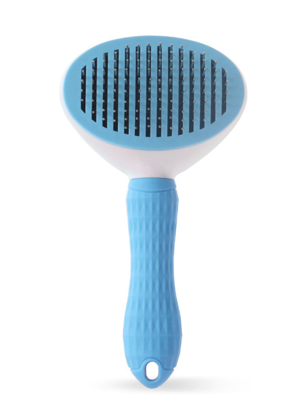 Sky blue plastic pet hair remover comb with metal bristle pins, oval head and handle