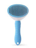 Sky blue plastic pet hair remover comb with metal bristle pins, oval head and handle