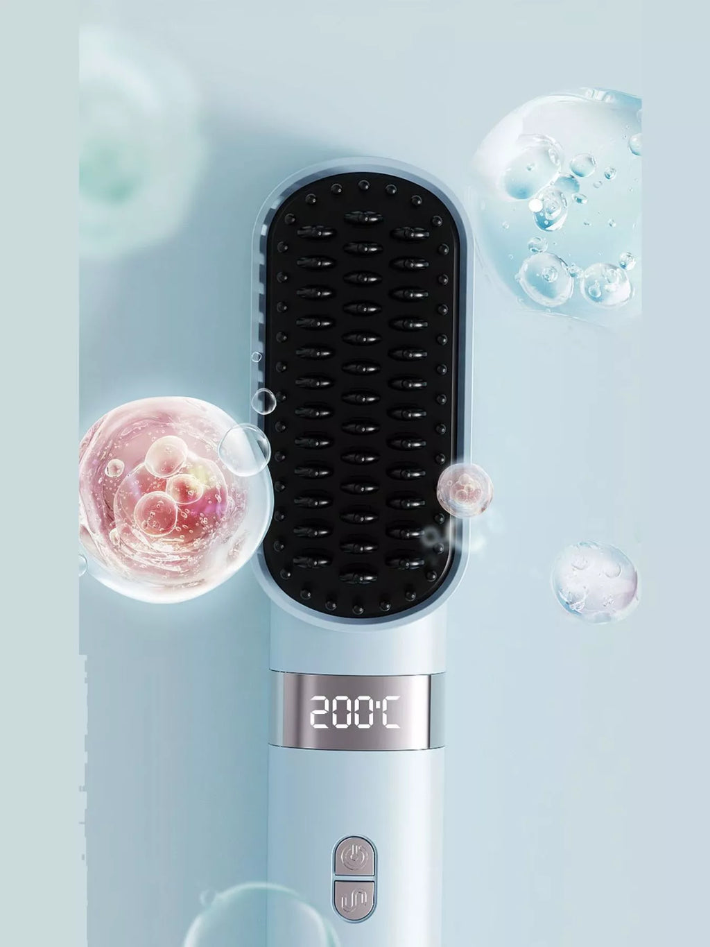 Light blue heated straightening comb with black bristle head and LCD 200°C