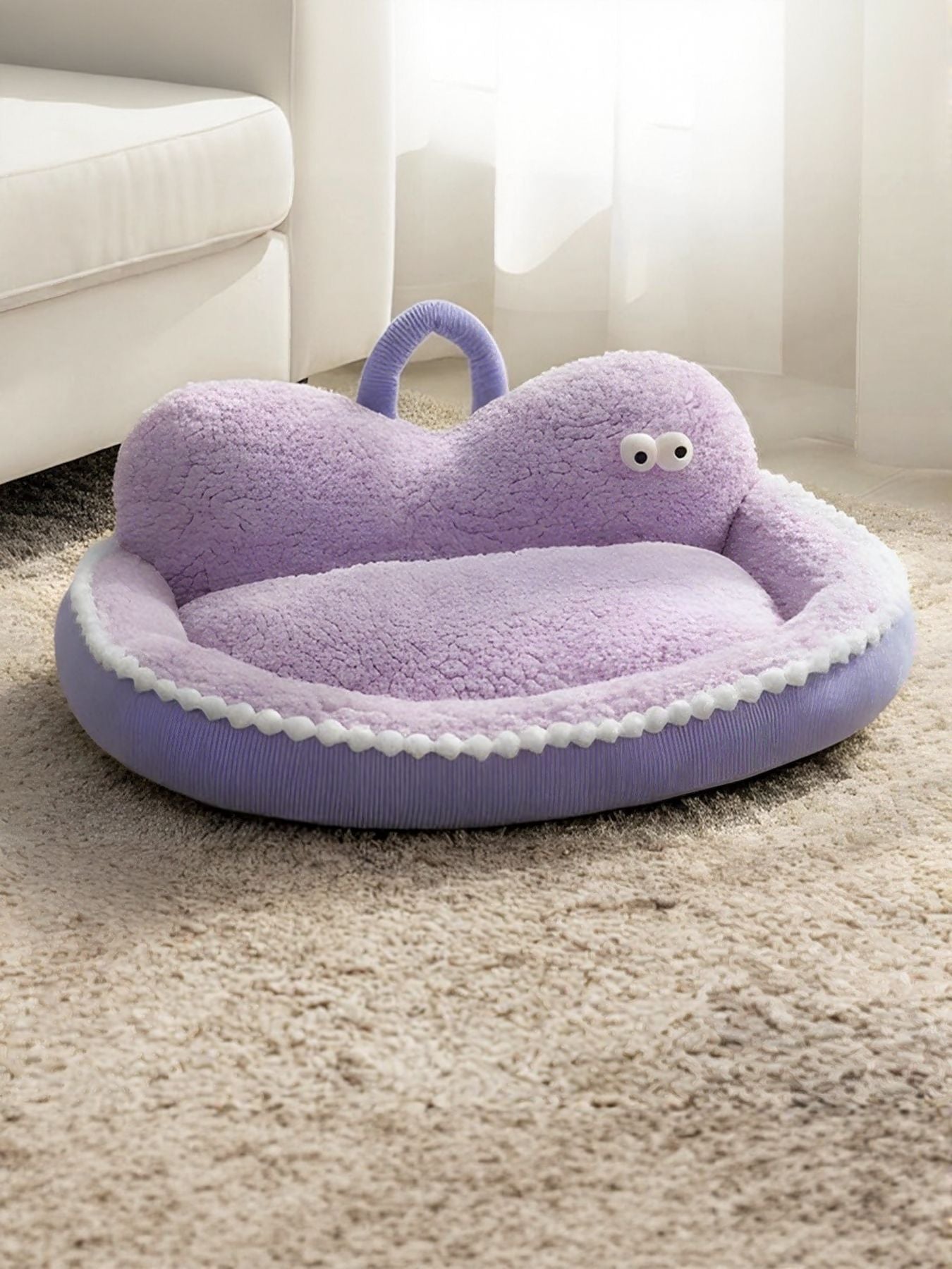 Cartoon cozy pet nest in taro purple with plush lining and side handle