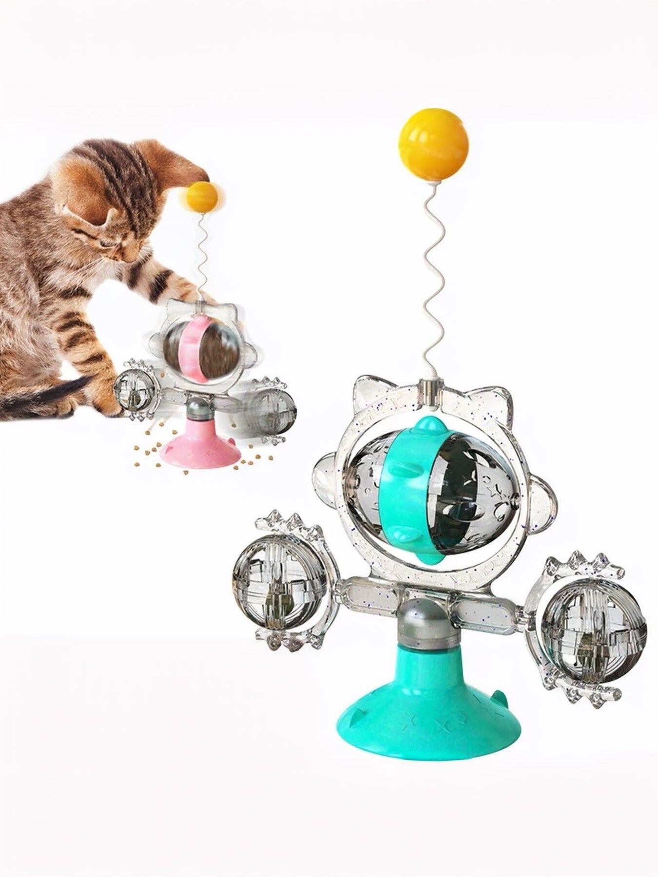 Rotating cat toy with multiple clear ball pods, dangling yellow ball, teal base