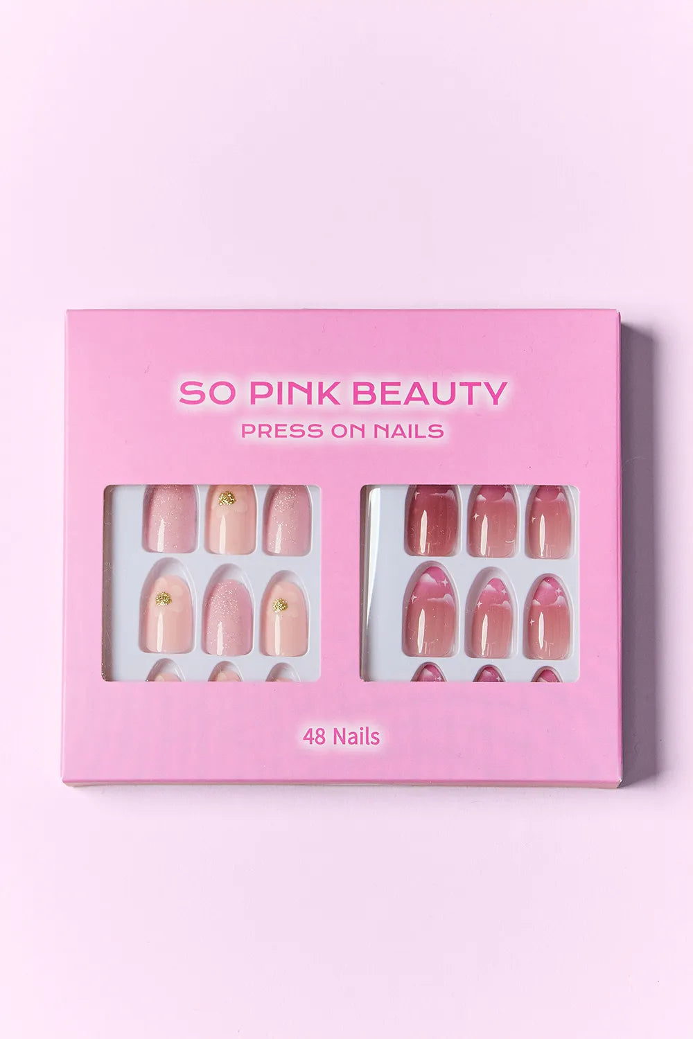 SO PINK BEAUTY press-on nails box with 48 nails; pastel and red/rose color designs