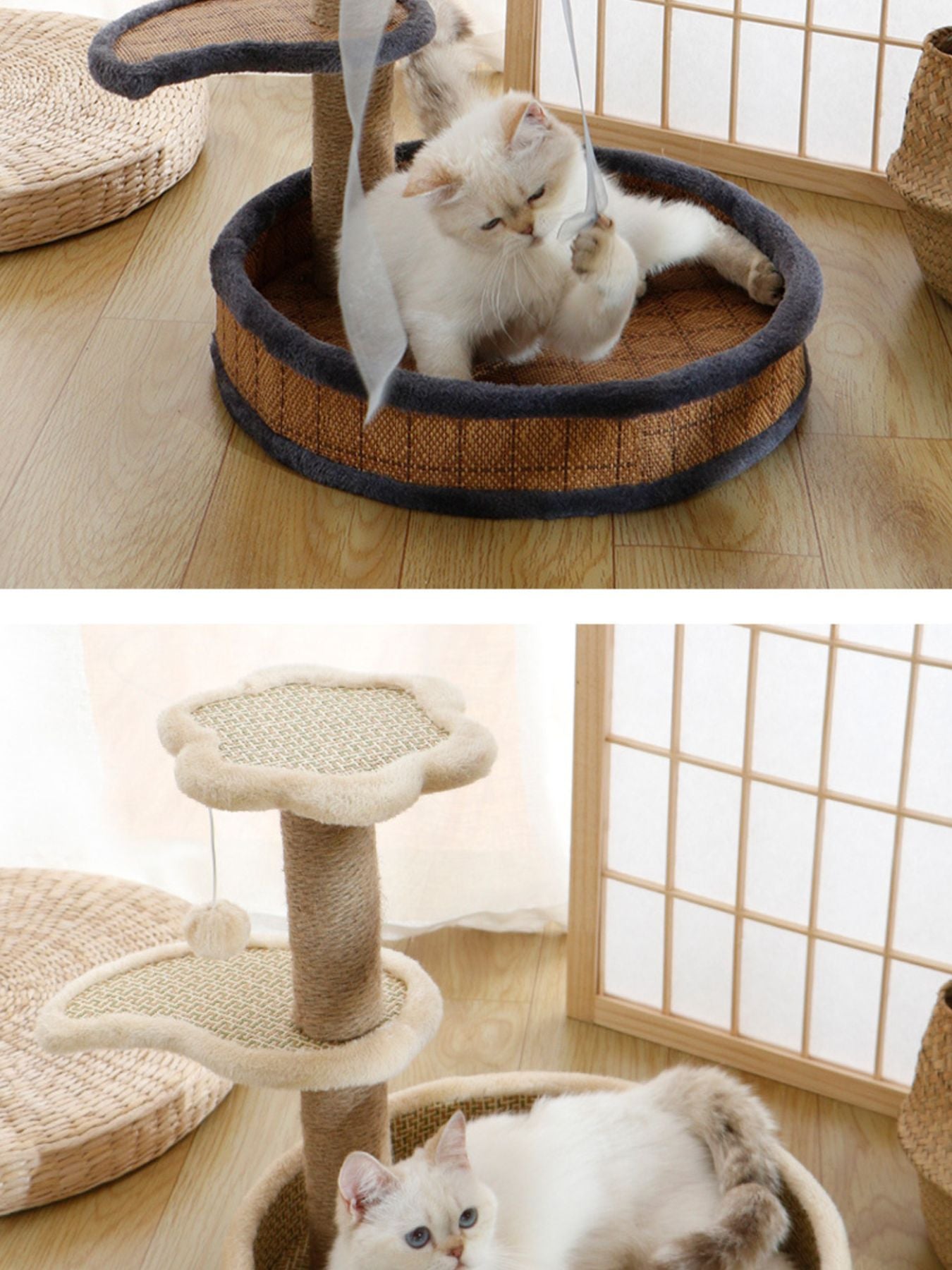 Cat bed on a scratching post: brown woven bowl with dark gray padded rim