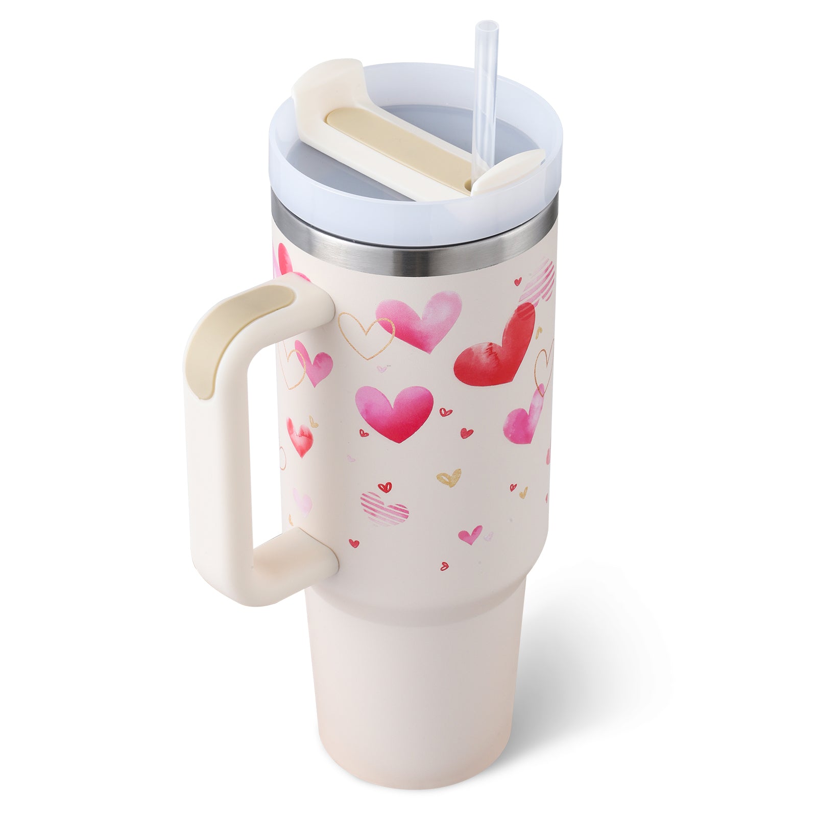 40 oz insulated tumbler with handle, clear straw, and white heart-pattern