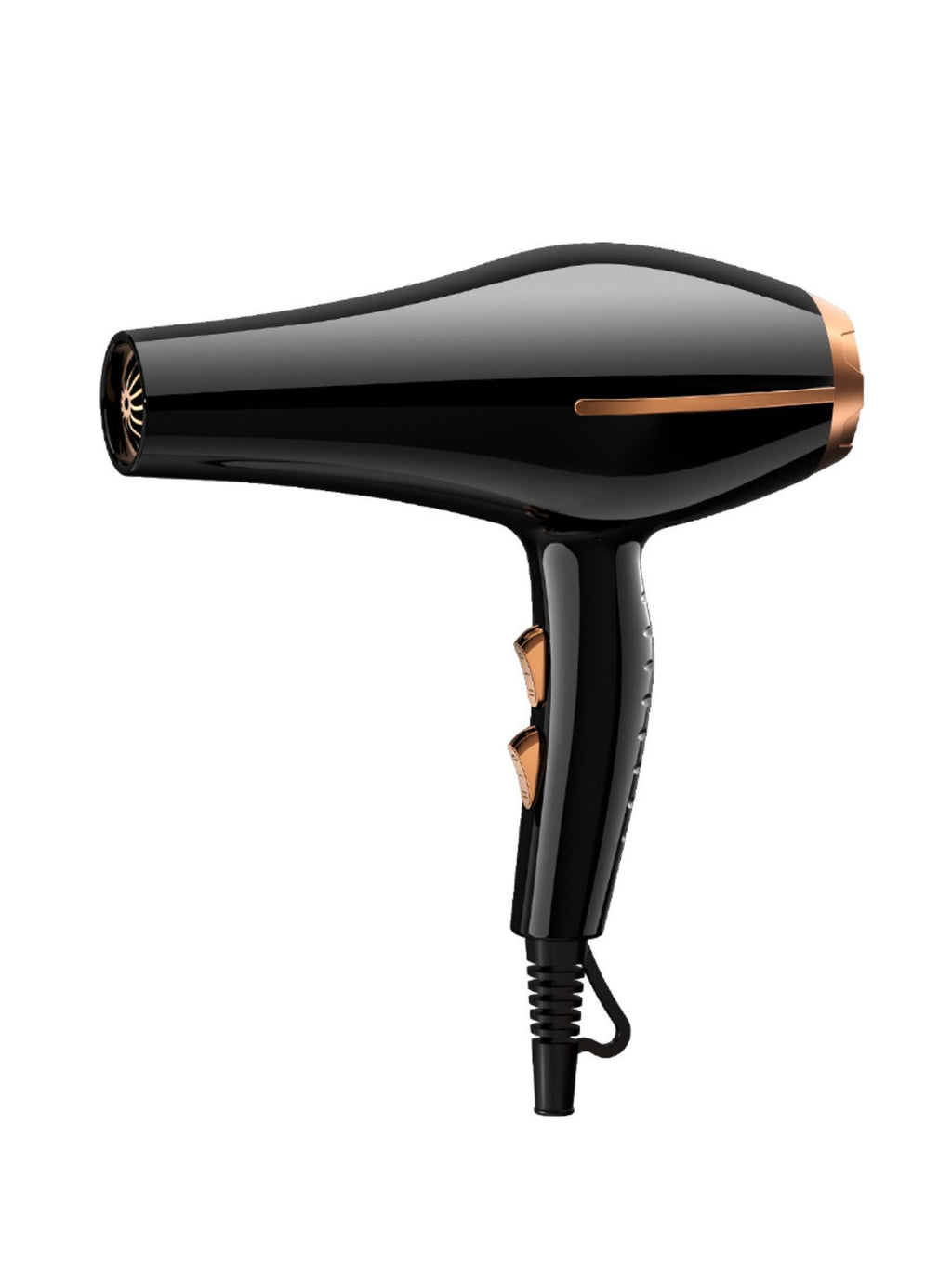 Adjustable temperature hair dryer, schwarzes Gehäuse mit Lüftungsgitter am vorderen Auslass