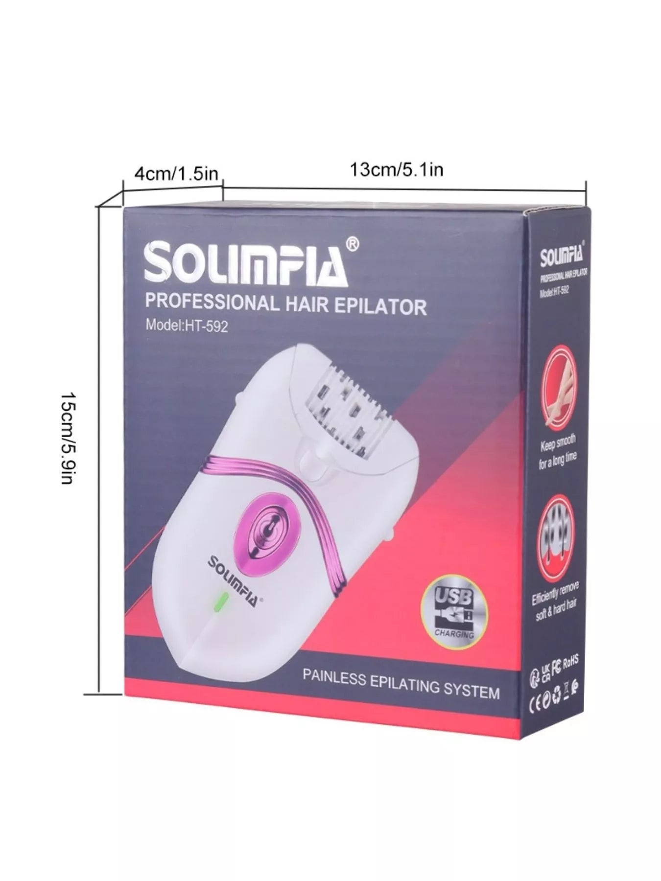 Cordless painless hair epilator, white device on retail box with USB charging icon