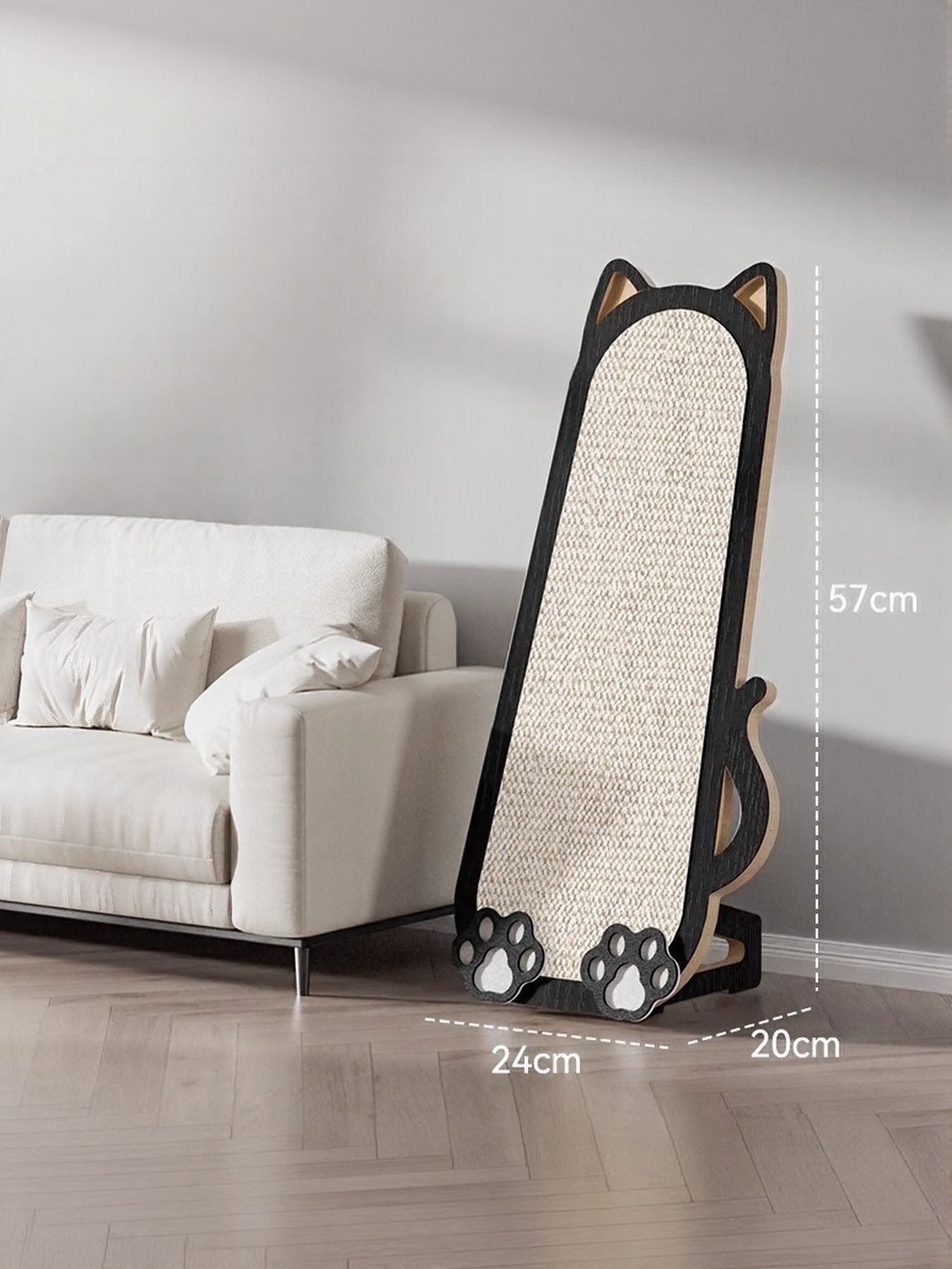 Cat scratching post with beige sisal center, black side tail detail, paw feet